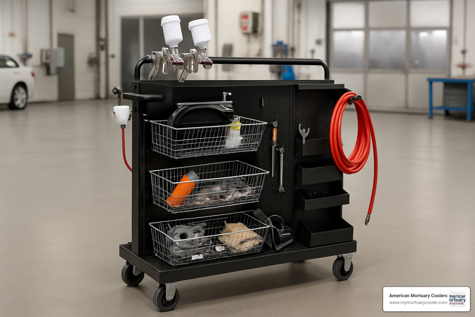 fully equipped parts cart with spray gun holders, organized baskets, and tool storage - body cart