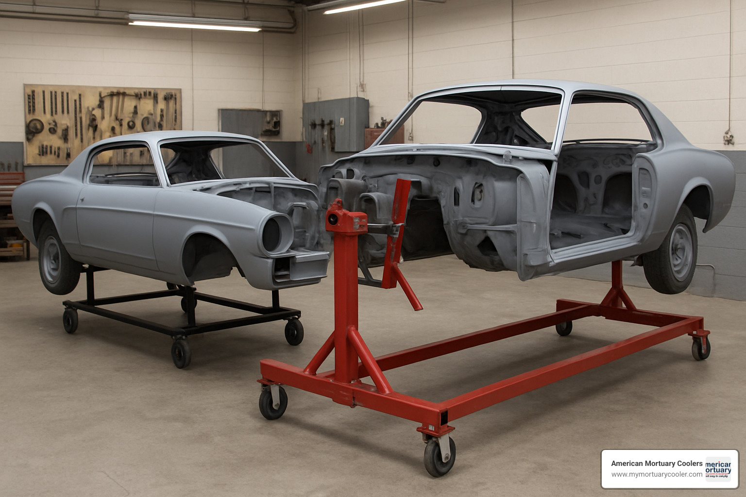 comparison view of body cart next to auto rotisserie showing different access capabilities - body cart