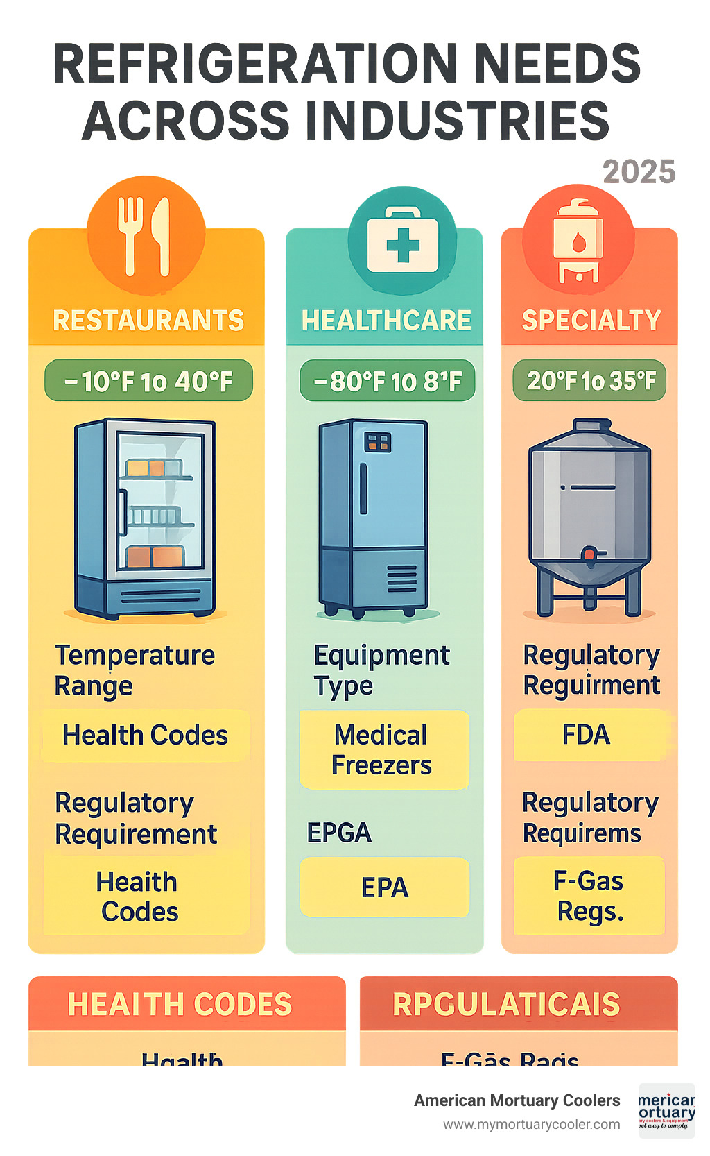 Infographic showing different refrigeration needs across industries including temperature ranges, equipment types, and regulatory requirements for restaurants, healthcare, warehouses, and specialty applications - refrigeration companies near me infographic 