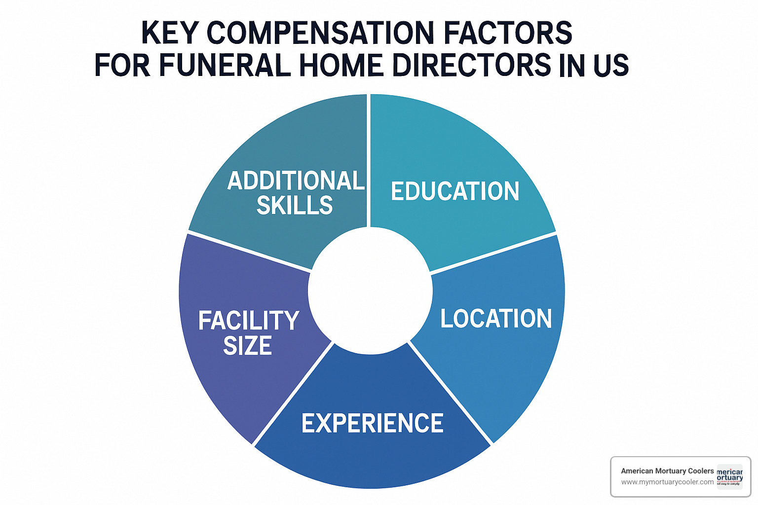 Circular diagram showing key compensation factors including education, location, experience, facility size, and additional skills - salary of funeral home director