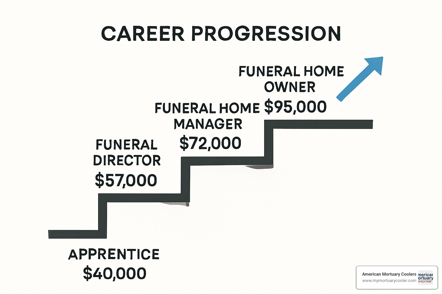 Career progression staircase showing advancement from apprentice to funeral home owner with corresponding salary ranges - salary of funeral home director