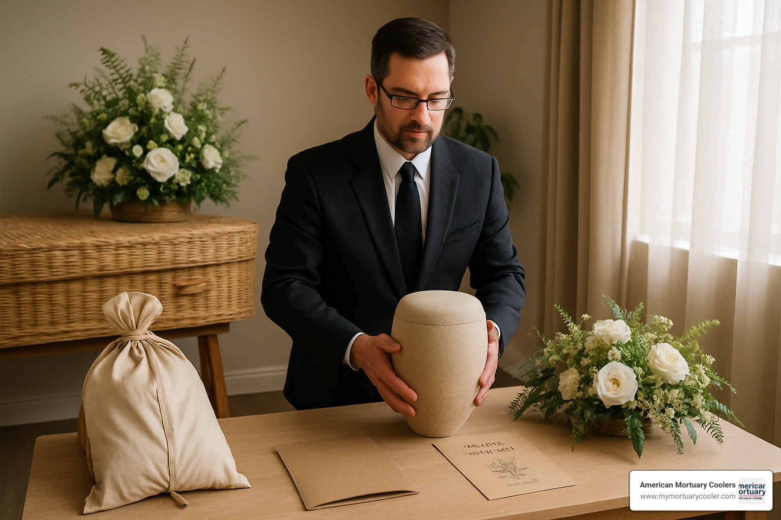 Funeral director arranging an eco-friendly memorial service with sustainable materials and green burial options - salary of funeral home director