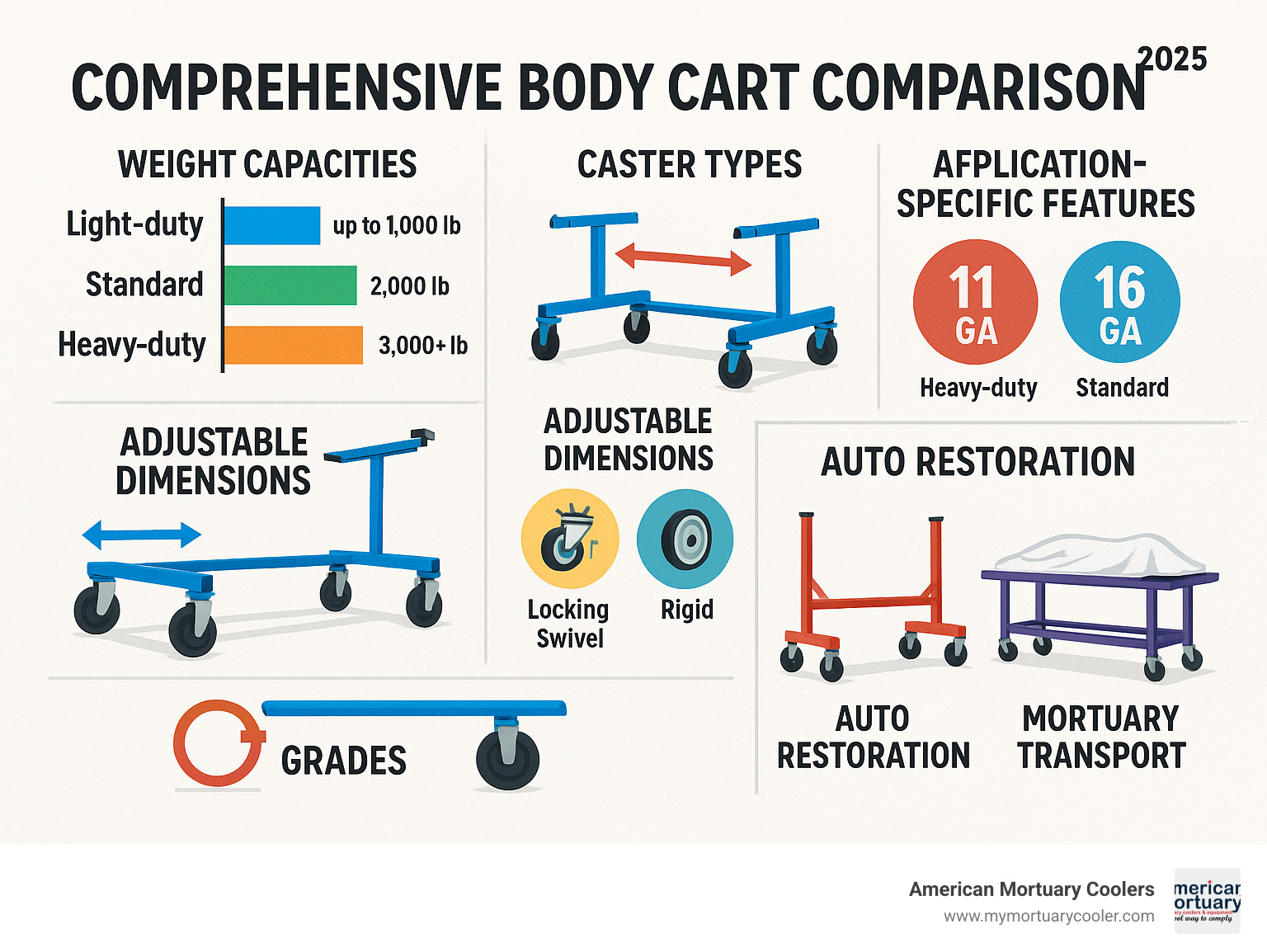 Comprehensive body cart comparison showing weight capacities, adjustable dimensions, caster types, steel construction grades, and application-specific features for auto restoration versus mortuary transport - body cart infographic 