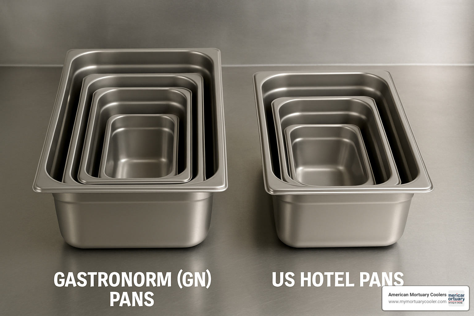 nested GN pans and US hotel pans showing size comparison - deep stainless steel tray