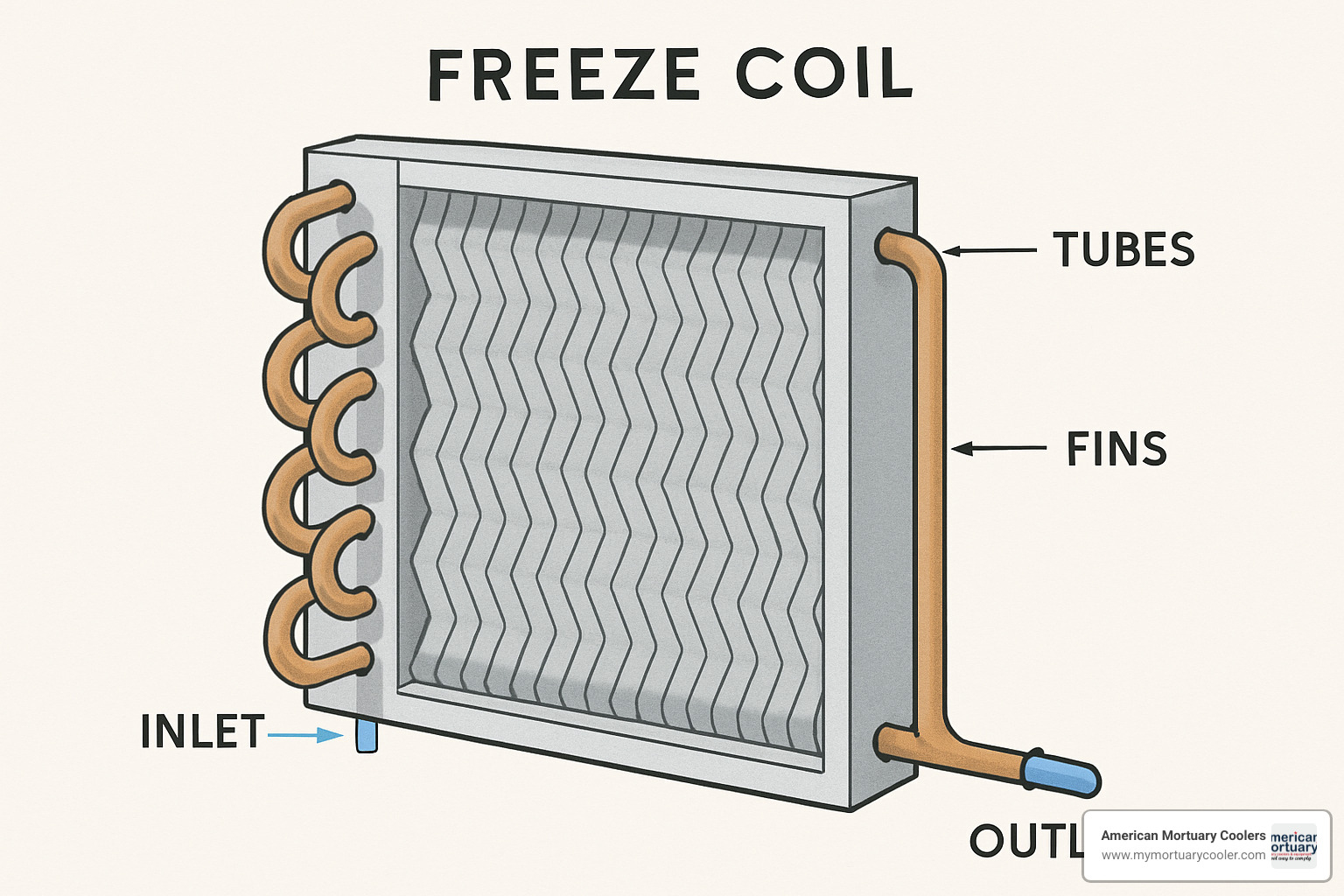 Detailed diagram showing freeze coil internals with tubes, fins, and fluid pathways - freeze coil