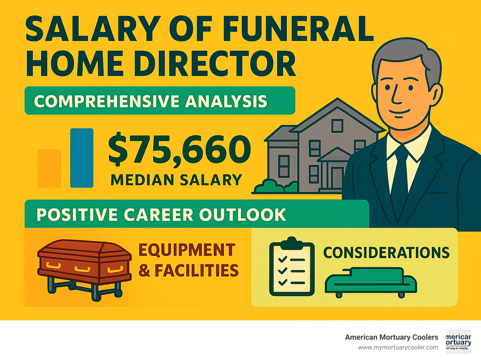 Comprehensive salary analysis showing positive career outlook for funeral home directors with supporting equipment and facility considerations - salary of funeral home director infographic