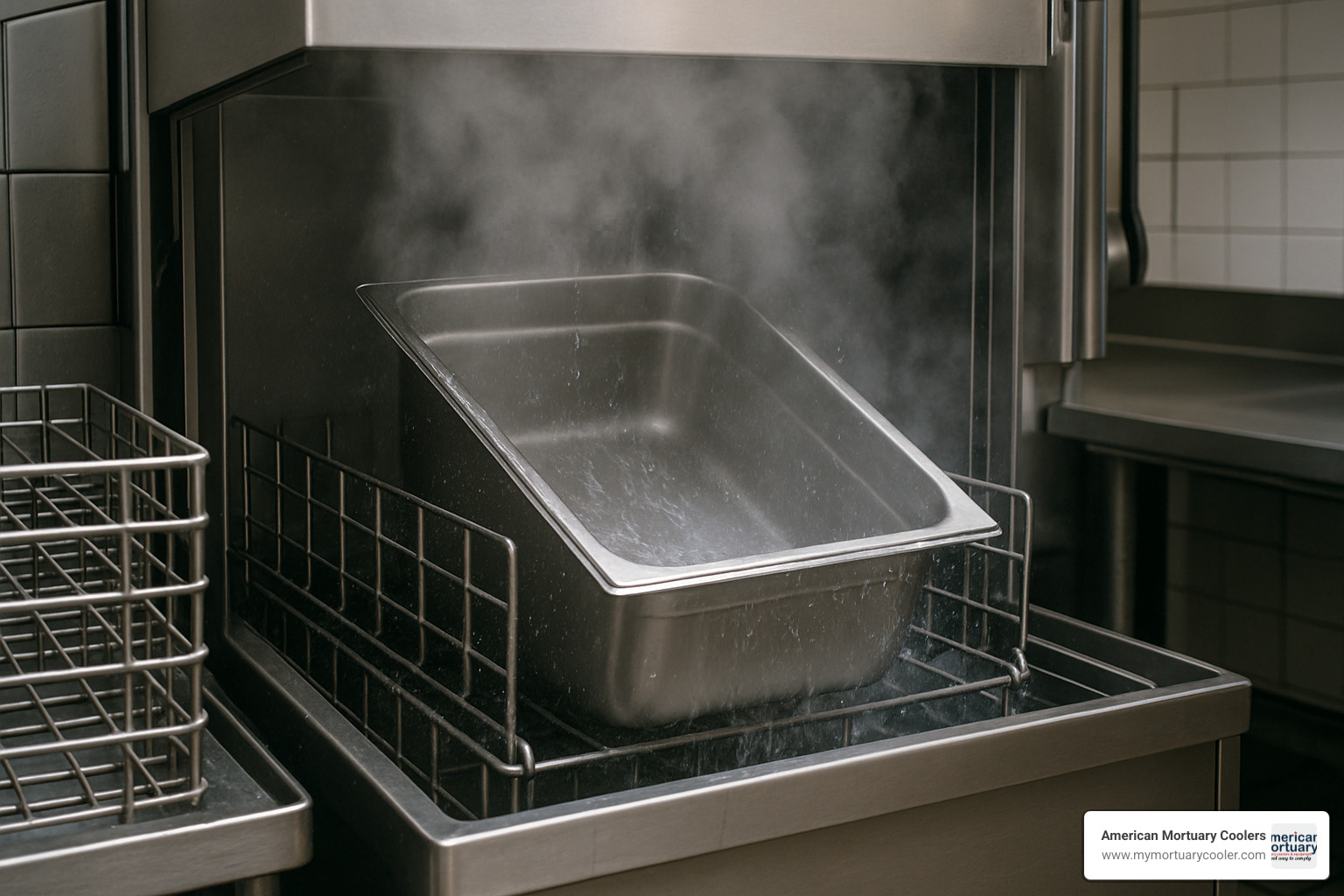 tray being cleaned in commercial dishwasher - deep stainless steel tray