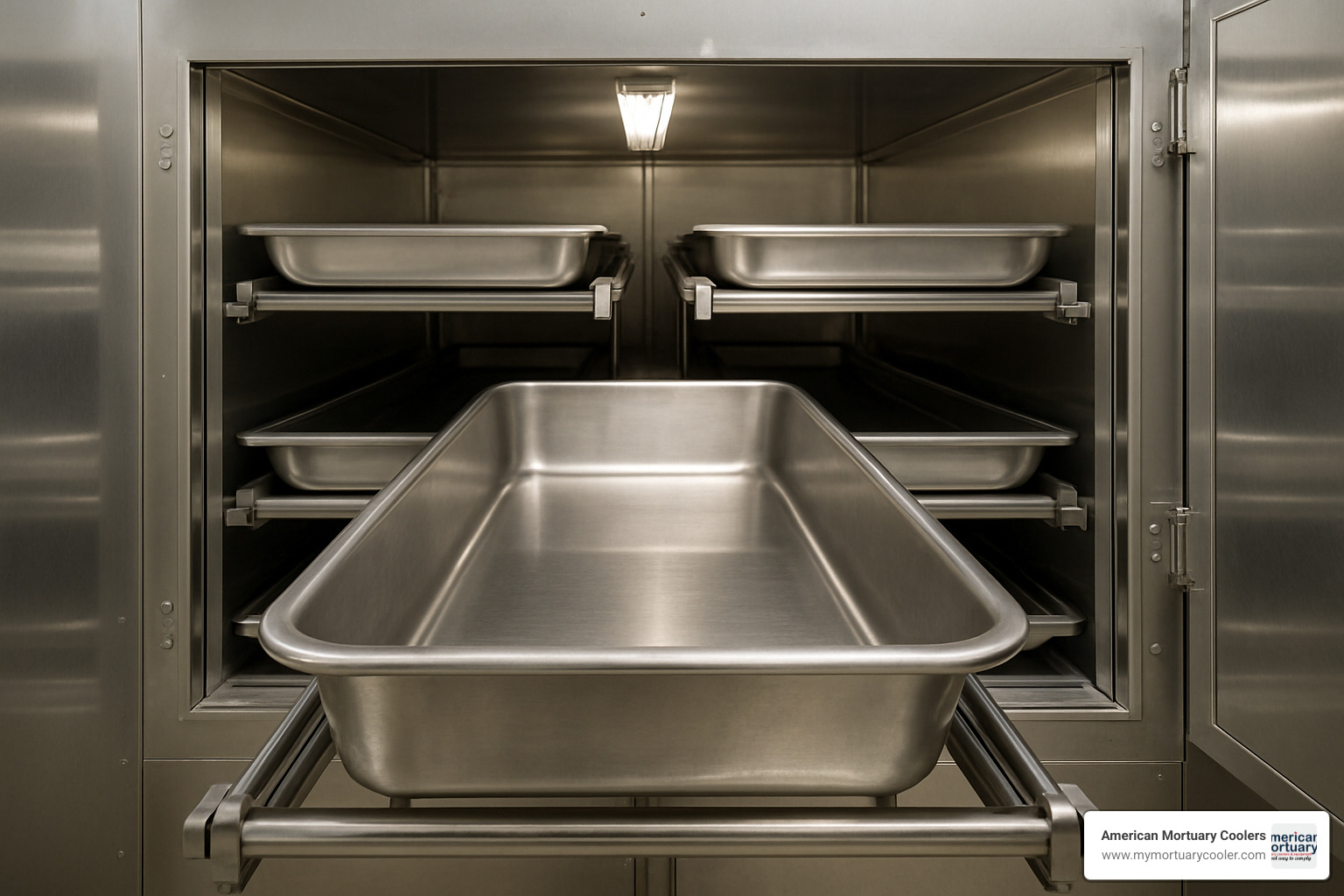 tray inside morgue cooler showing proper storage setup - deep stainless steel tray