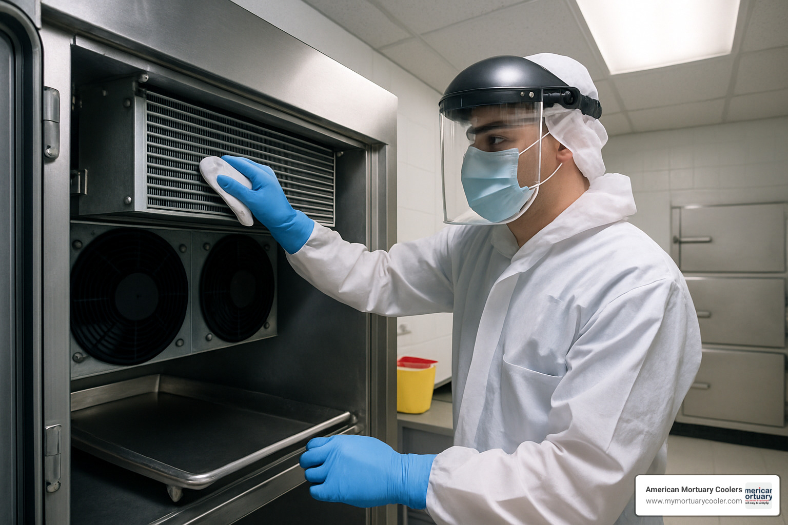 Technician properly cleaning coil in mortuary cooler setting - freeze coil