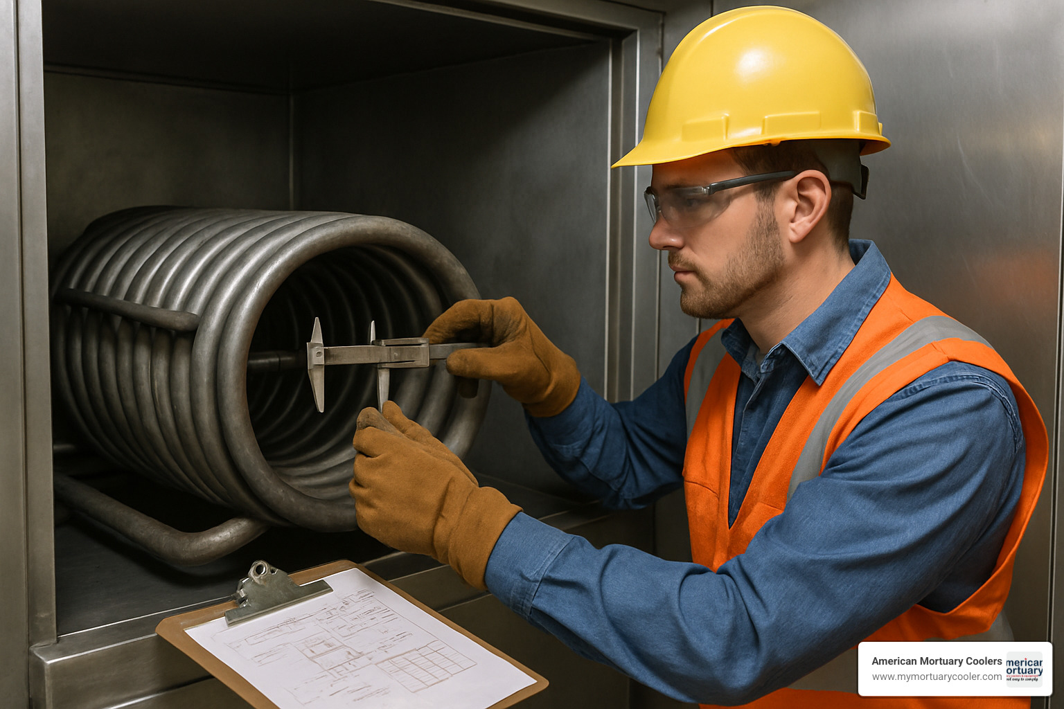 Engineer measuring dimensions of existing coil for replacement - freeze coil