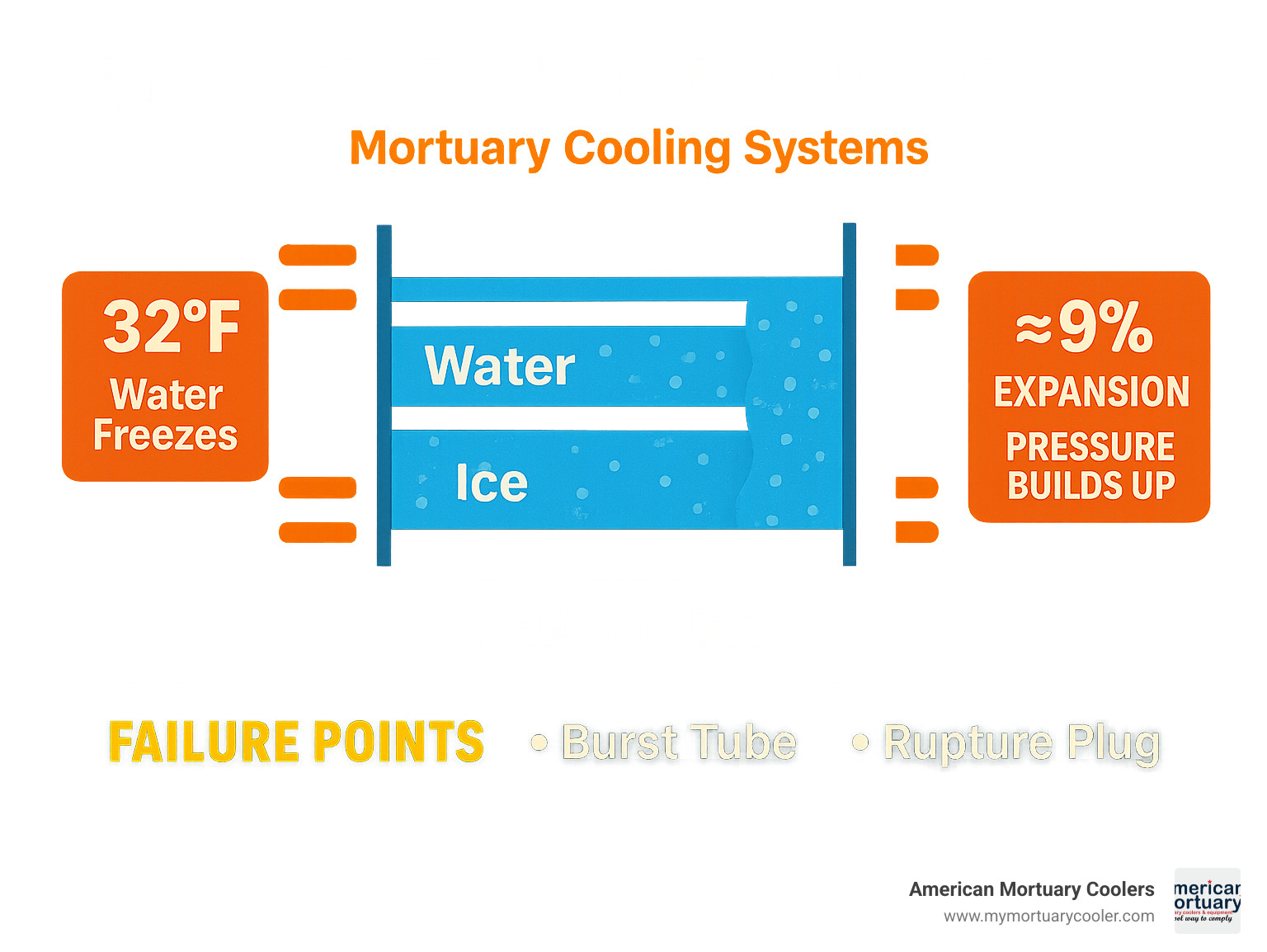 Detailed infographic showing water-to-ice expansion process in HVAC coils, including temperature thresholds, pressure buildup, and common failure points in mortuary cooling systems - freeze coil infographic 