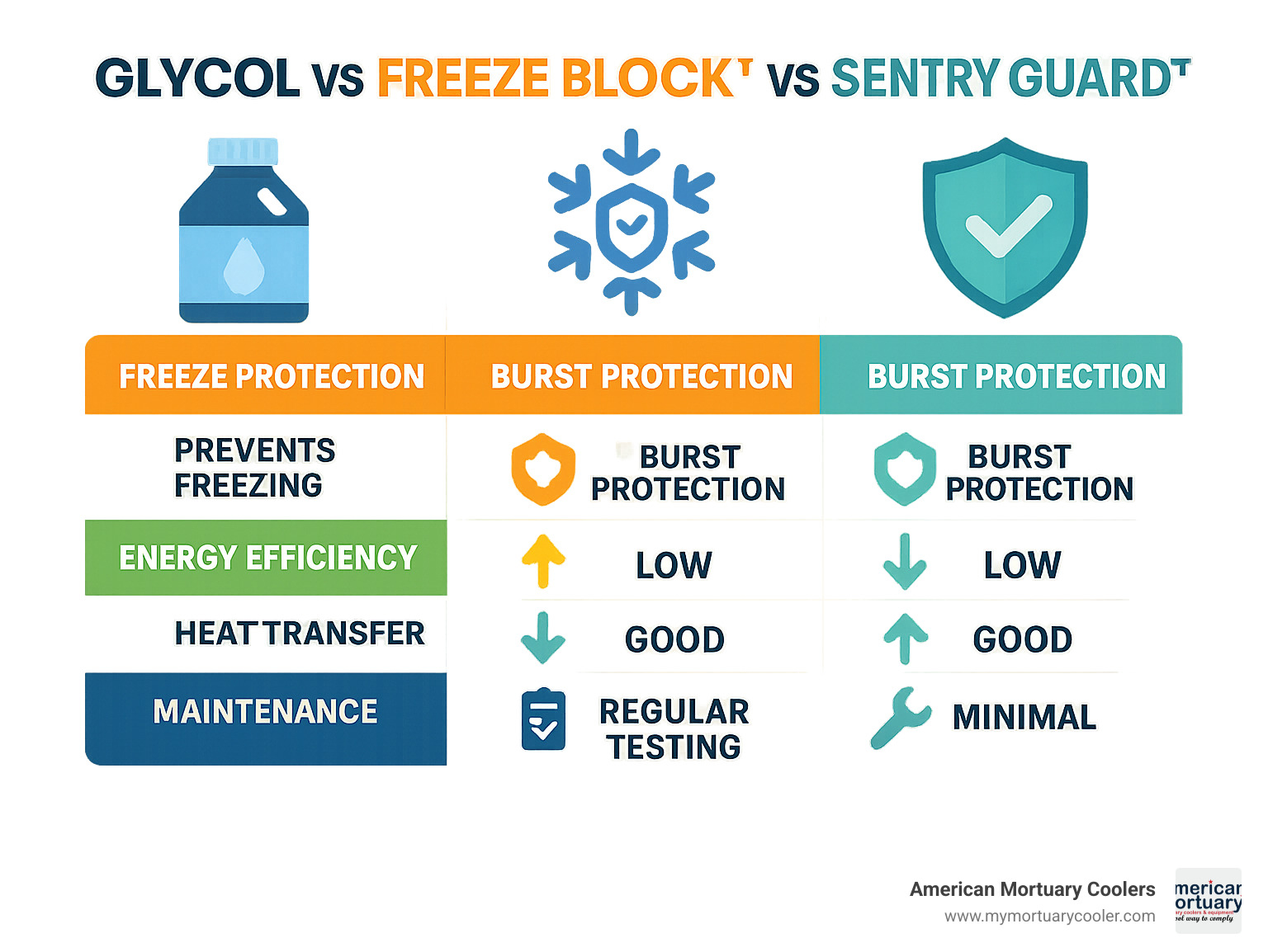Comparison infographic showing glycol vs Freeze Block vs Sentry Guard performance metrics - freeze coil infographic 