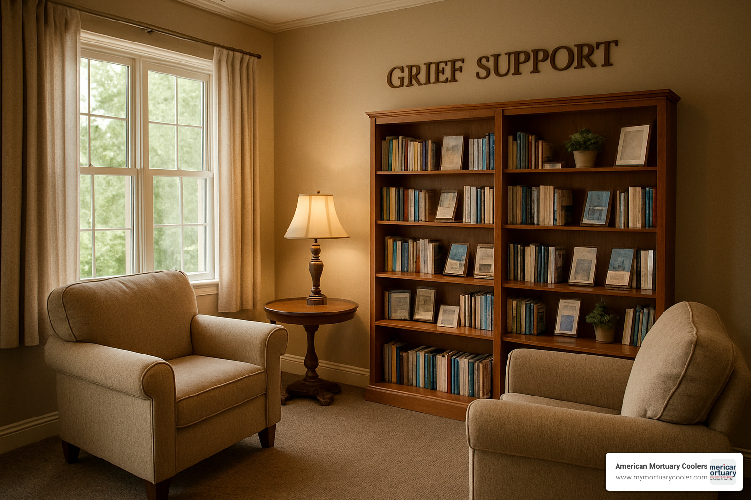 Comfortable grief library corner with soft seating, natural lighting, and shelves of supportive literature and resources for families navigating loss and bereavement - chs funeral