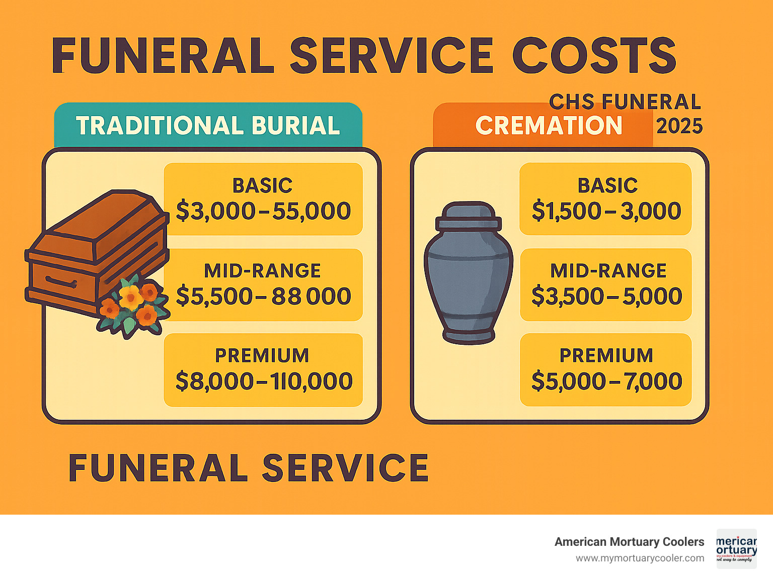 Detailed infographic showing average funeral service costs breakdown, comparing traditional burial packages versus cremation options, with transparent pricing ranges from basic to premium service levels - chs funeral infographic 