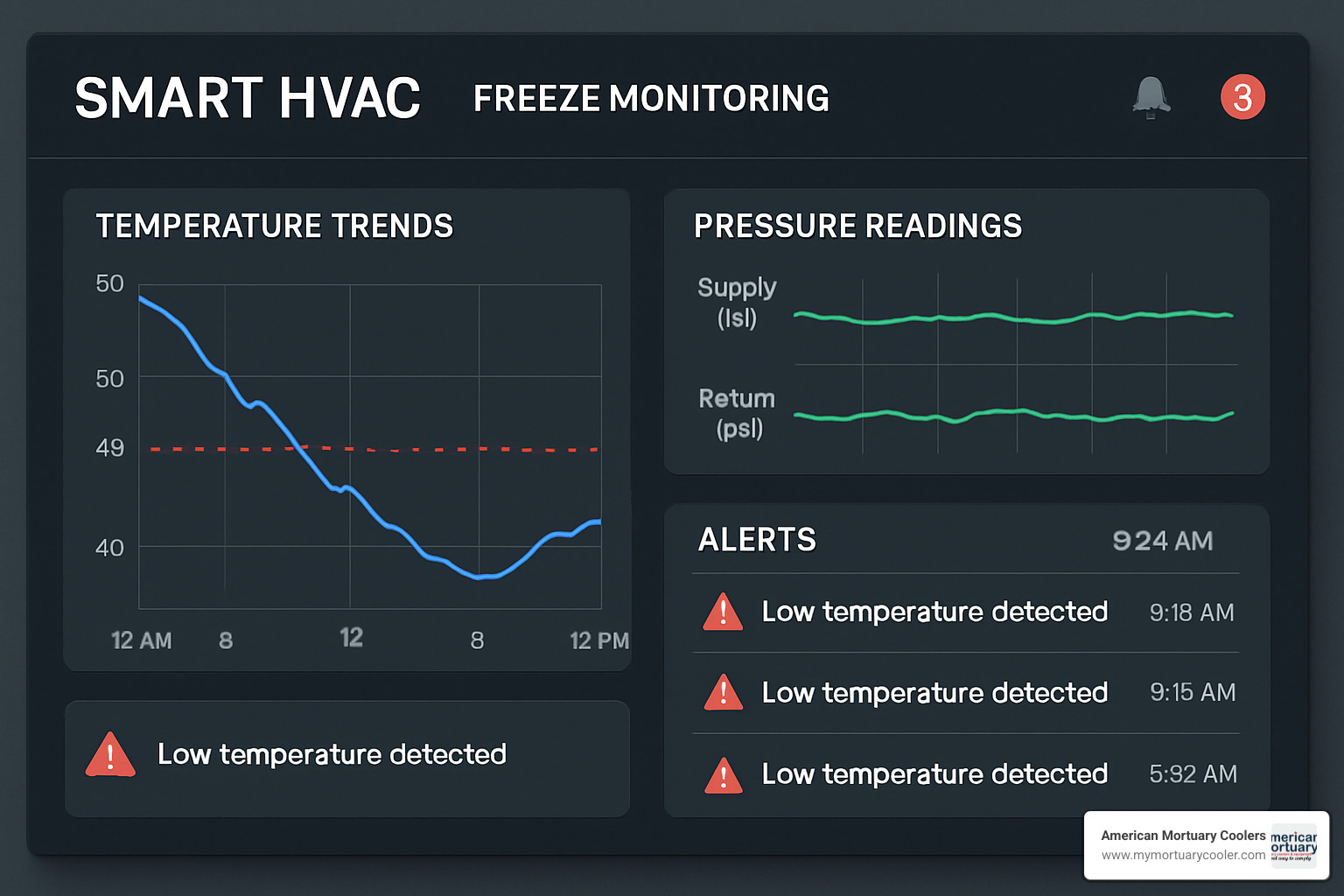Screenshot of smart freeze monitoring dashboard showing temperature trends and alerts - freeze coil