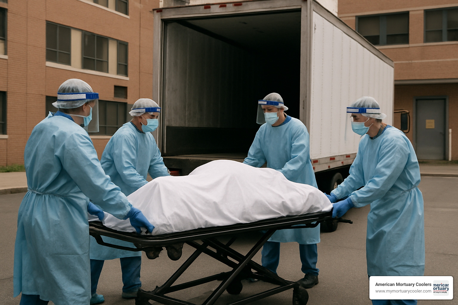 staff loading bodies into morgue truck with proper PPE - morgue trucks