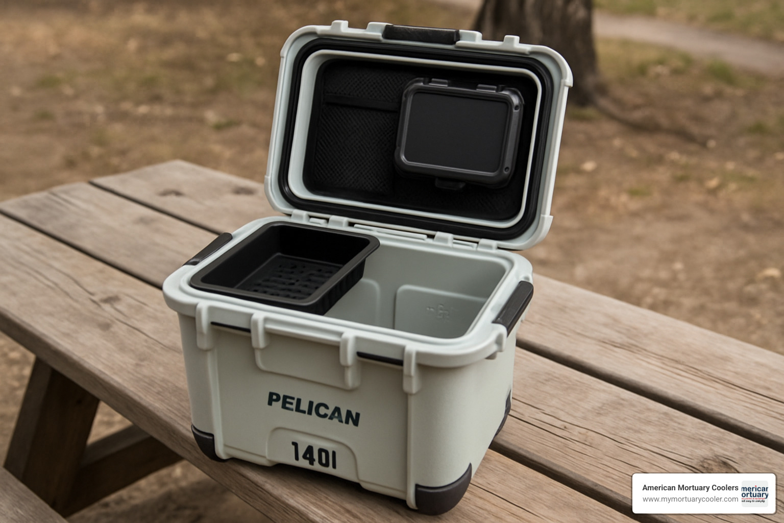 Pelican 14QT compartment organization showing dry storage, wet storage, and lid organizer features - personal cooler