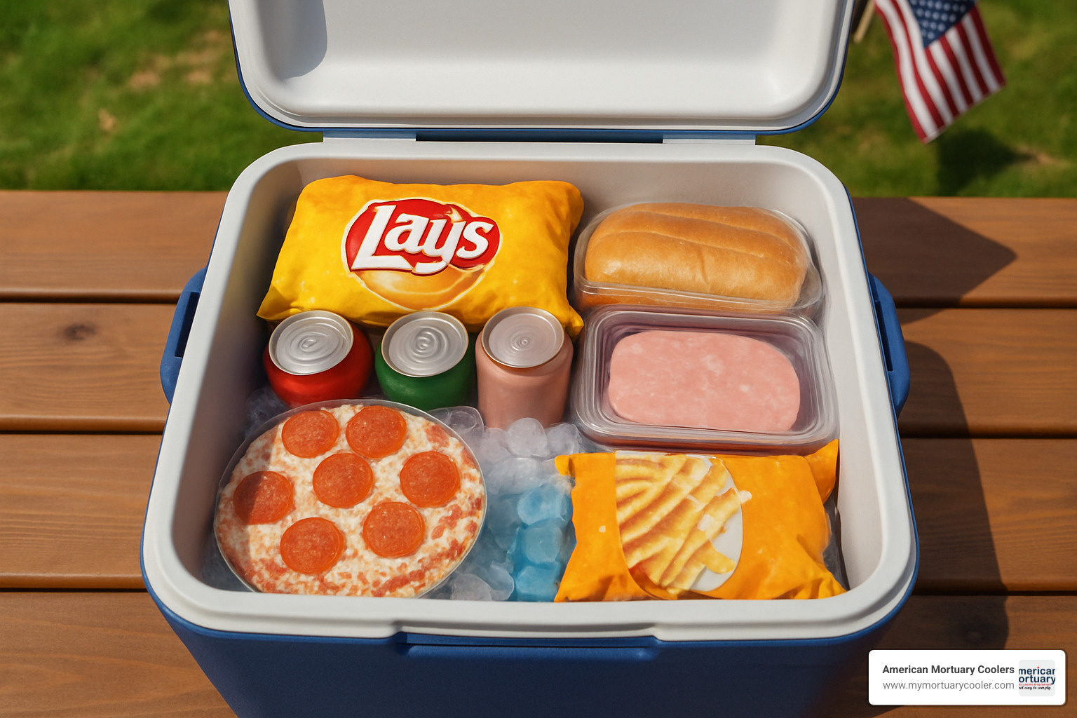 Proper cooler packing technique showing layered arrangement of ice, frozen items, refrigerated goods, and dry storage - personal cooler