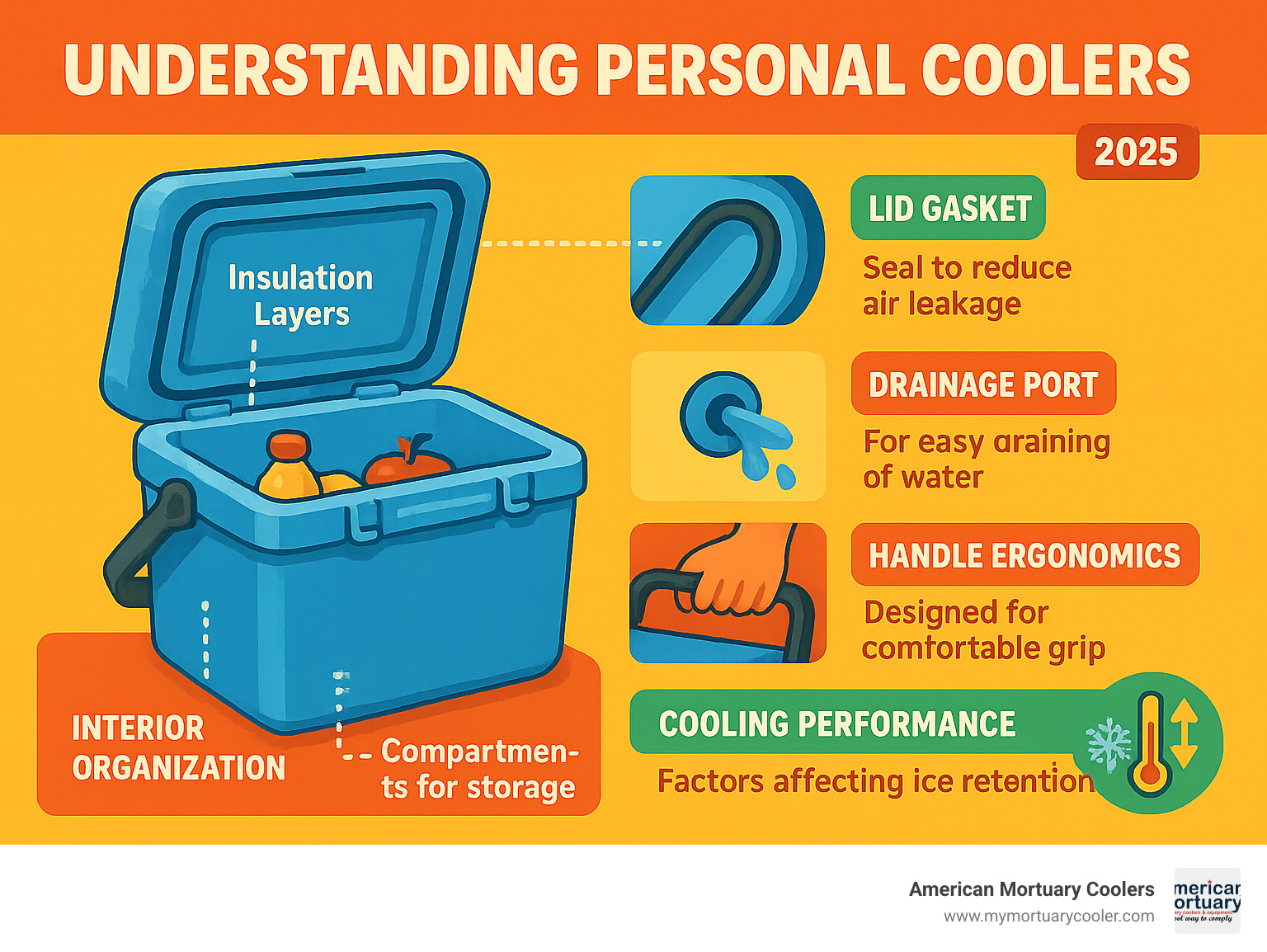 Comprehensive breakdown of personal cooler components including insulation layers, lid gasket systems, drainage ports, handle ergonomics, interior organization compartments, and cooling performance factors - personal cooler infographic 
