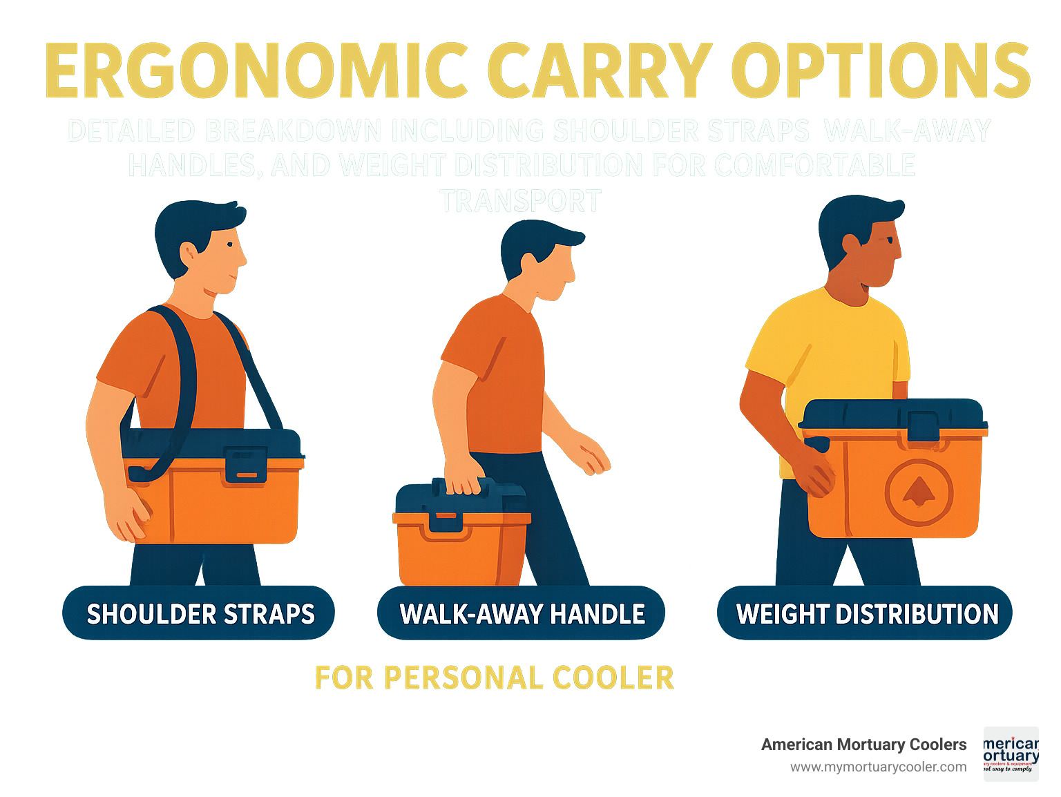 Detailed breakdown of ergonomic carry options including shoulder straps, walk-away handles, and weight distribution for comfortable transport - personal cooler infographic 