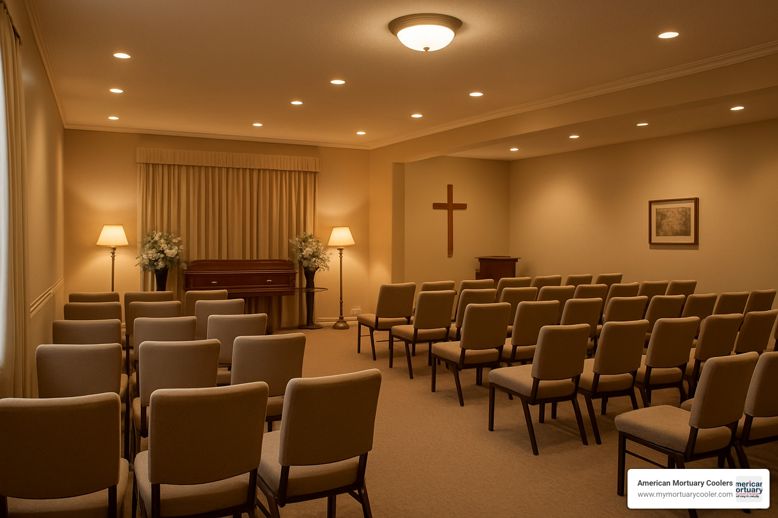 Interior view of Chris King Memorial Chapel showing comfortable seating arrangements, soft lighting, and peaceful atmosphere designed for family comfort during services - chs funeral