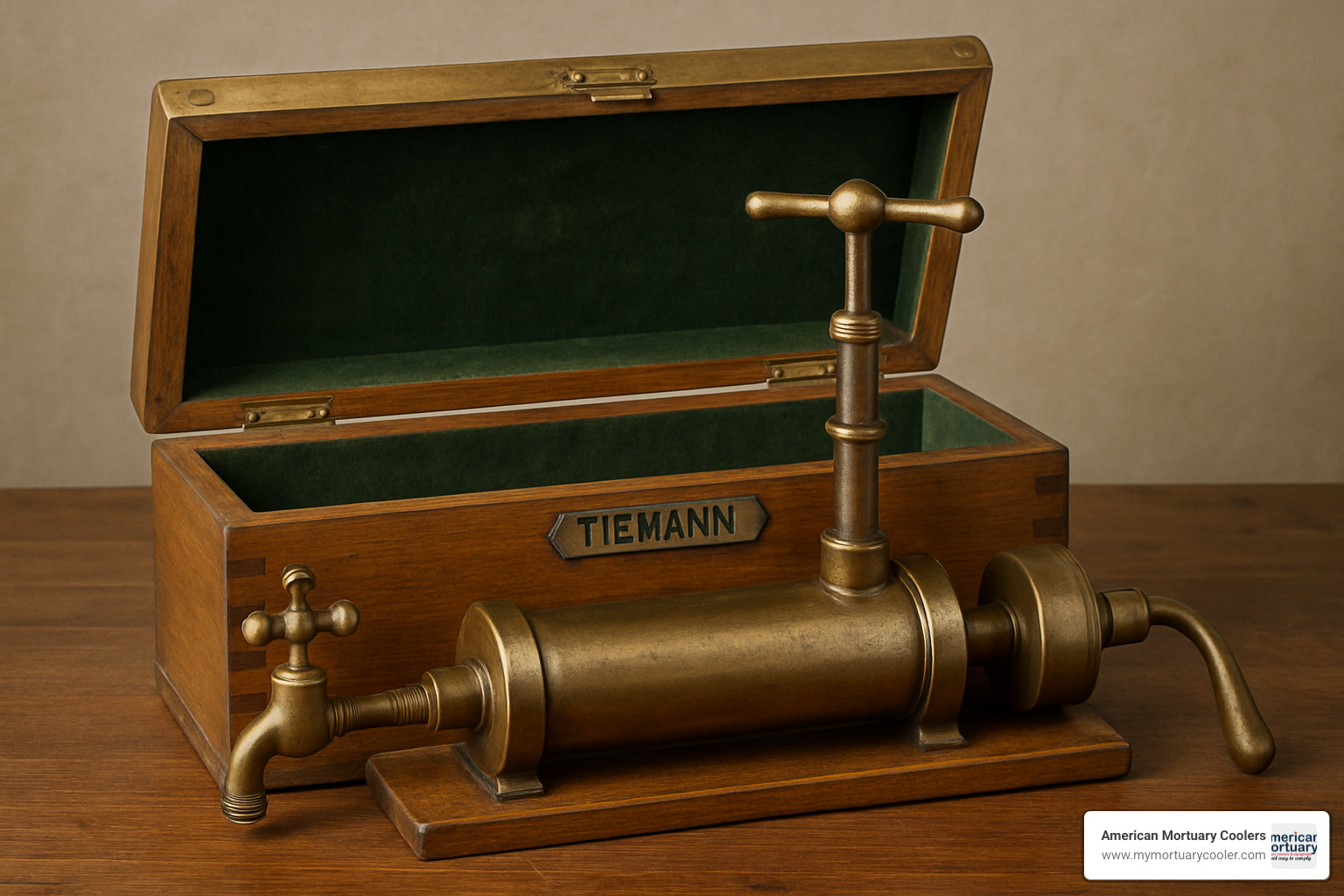Tiemann embalming pump with brass reinforced lid and green velvet lining - antique civil war embalming table for sale
