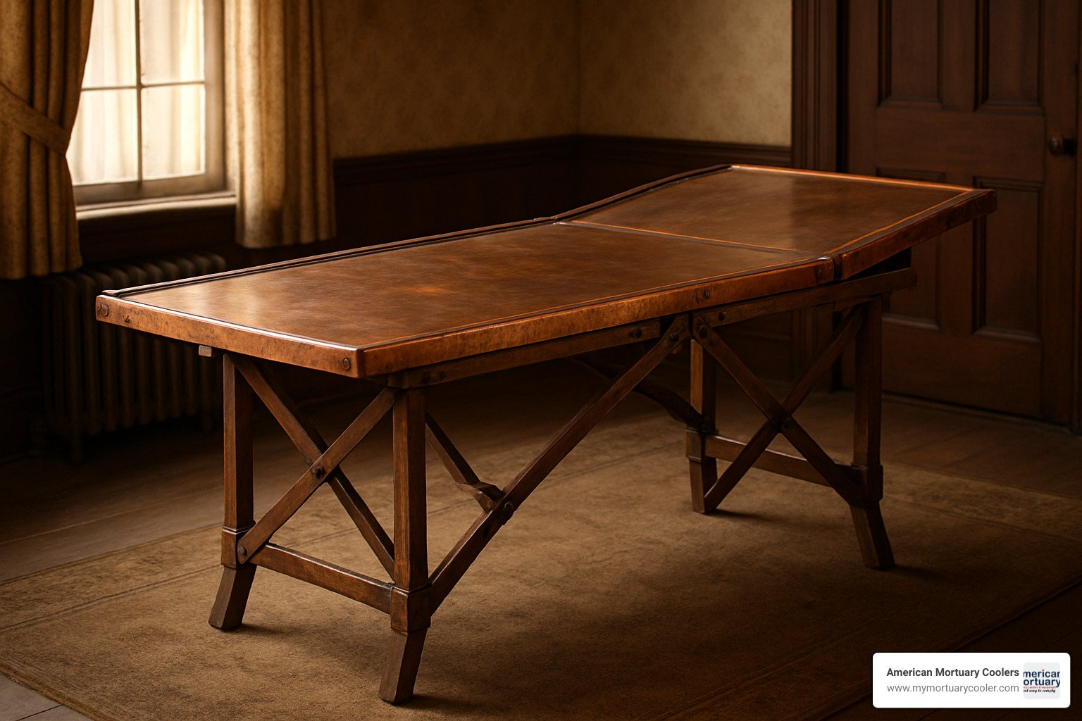 Victorian era portable mortician's embalming table showing folding mechanism and copper-covered surface - antique civil war embalming table for sale