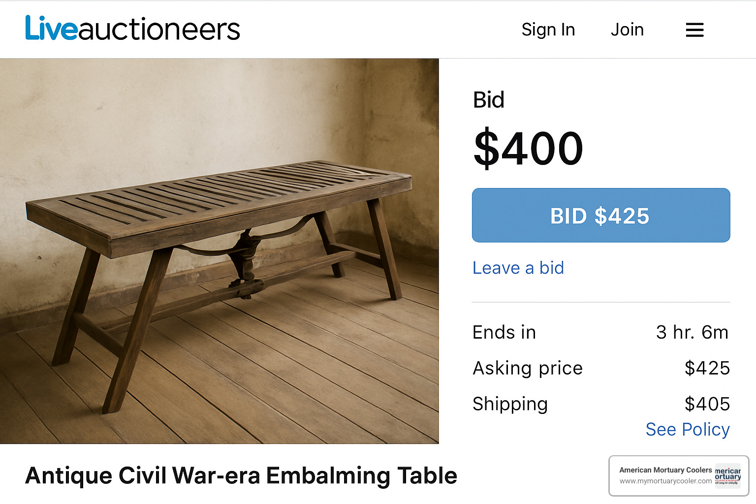 LiveAuctioneers sale showing antique embalming table with bidding interface and shipping details - antique civil war embalming table for sale