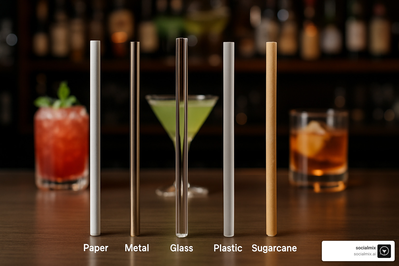 Various alcohol straw materials arranged on a bar counter - alcohol straws
