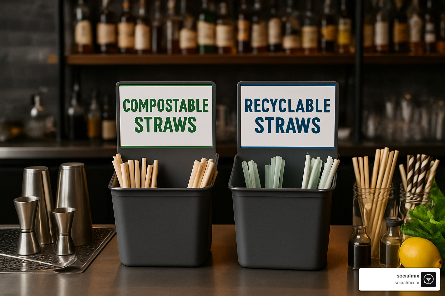Bartender station with separate bins for compostable and recyclable straws - alcohol straws