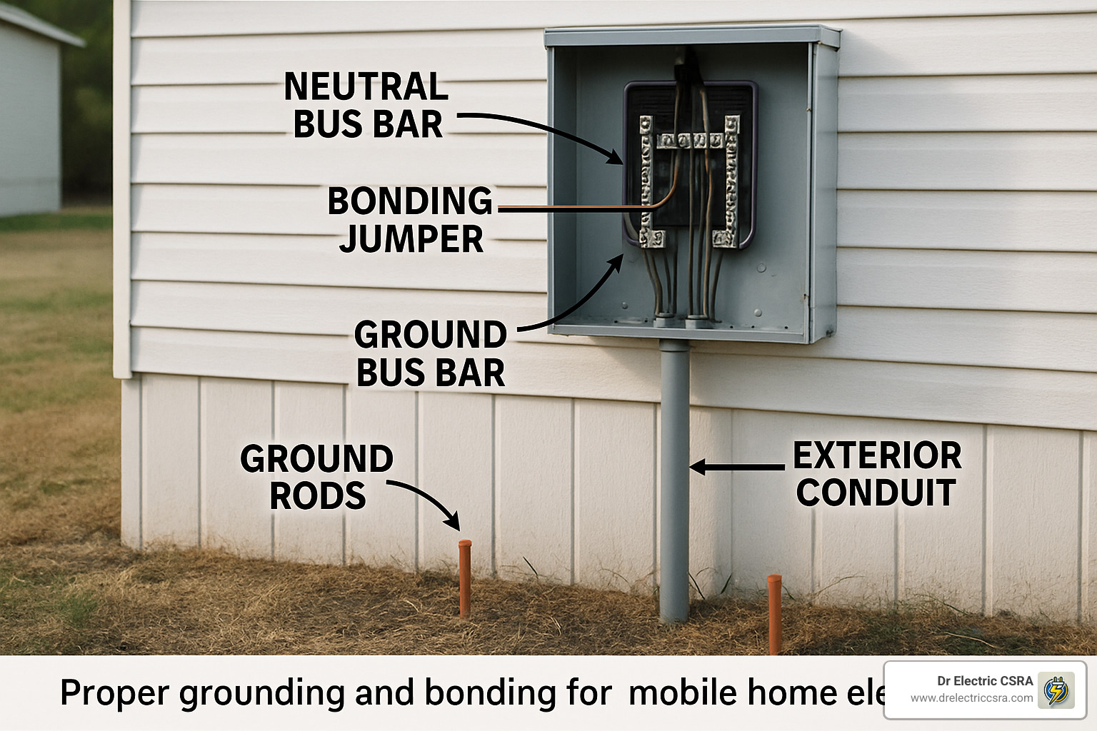 Proper grounding and bonding setup for mobile home electrical systems, featuring labeled components including neutral bus bar, bonding jumper, ground bus bar, ground rods, and exterior conduit.