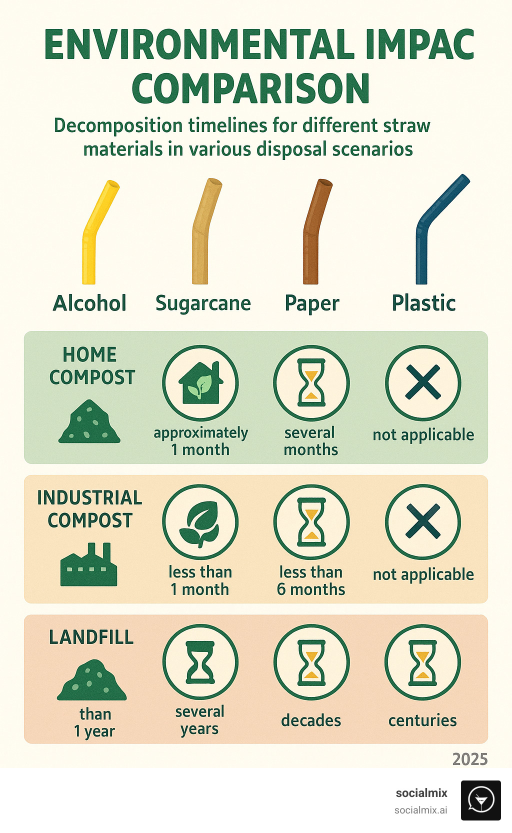 Environmental impact comparison showing decomposition timelines for different straw materials in various disposal scenarios - alcohol straws infographic 