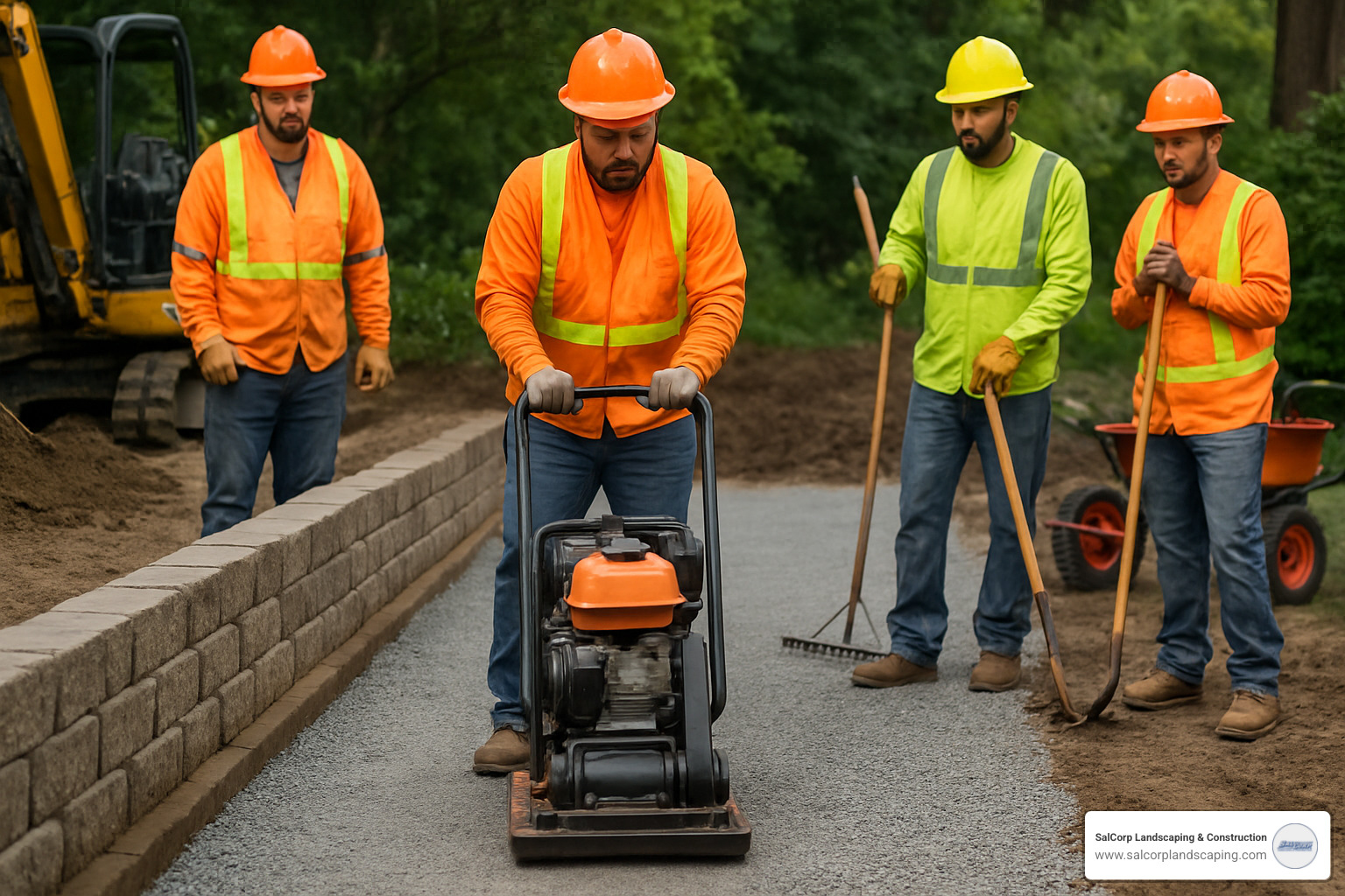 crew using plate compactor - builder retaining wall
