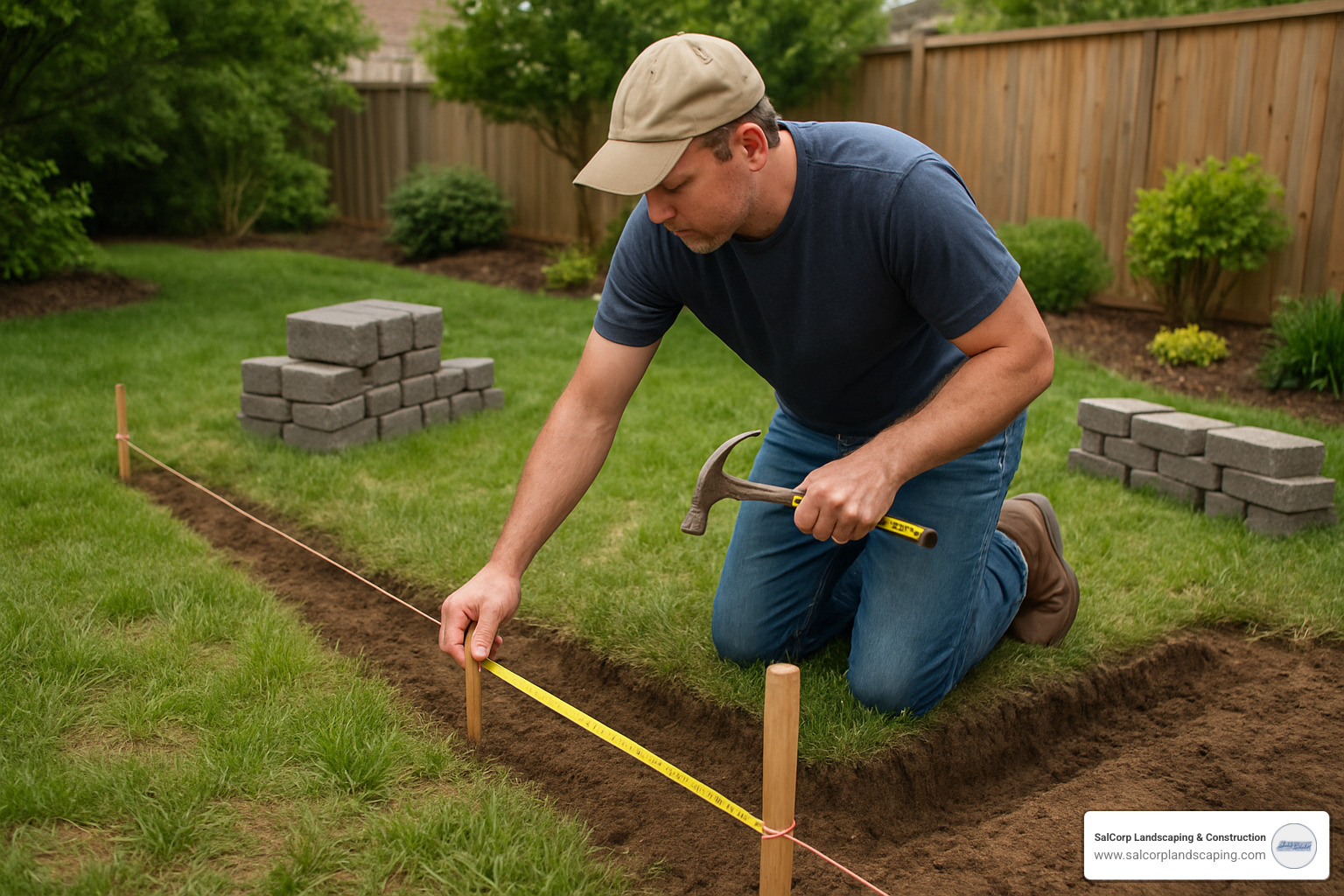 homeowner marking wall layout with stakes - builder retaining wall