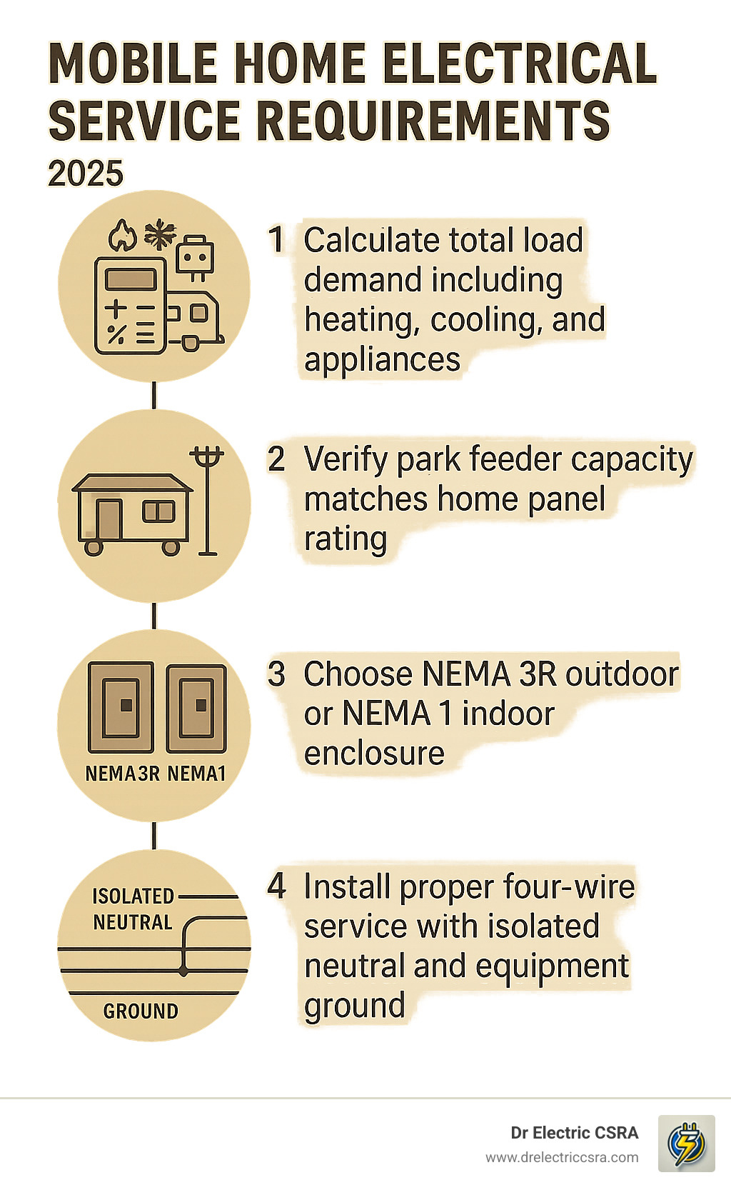 Mobile home electrical service requirements infographic detailing steps for 200 amp breaker box installation, including load demand calculation, park feeder verification, NEMA enclosure selection, and proper wiring setup.