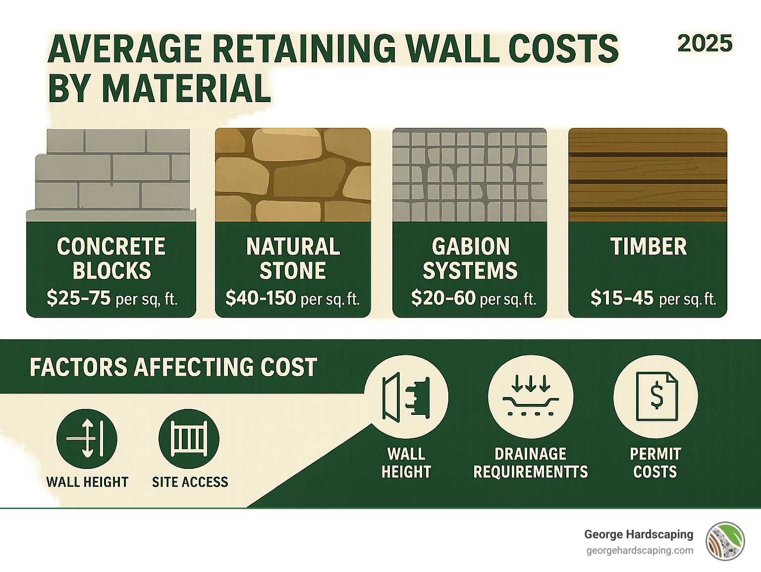Infographic showing average retaining wall costs by material type: concrete blocks $25-75 per sq ft, natural stone $40-150 per sq ft, gabion systems $20-60 per sq ft, timber $15-45 per sq ft, including factors affecting cost like wall height, site access, drainage requirements, and permit costs - retaining wall block options infographic
