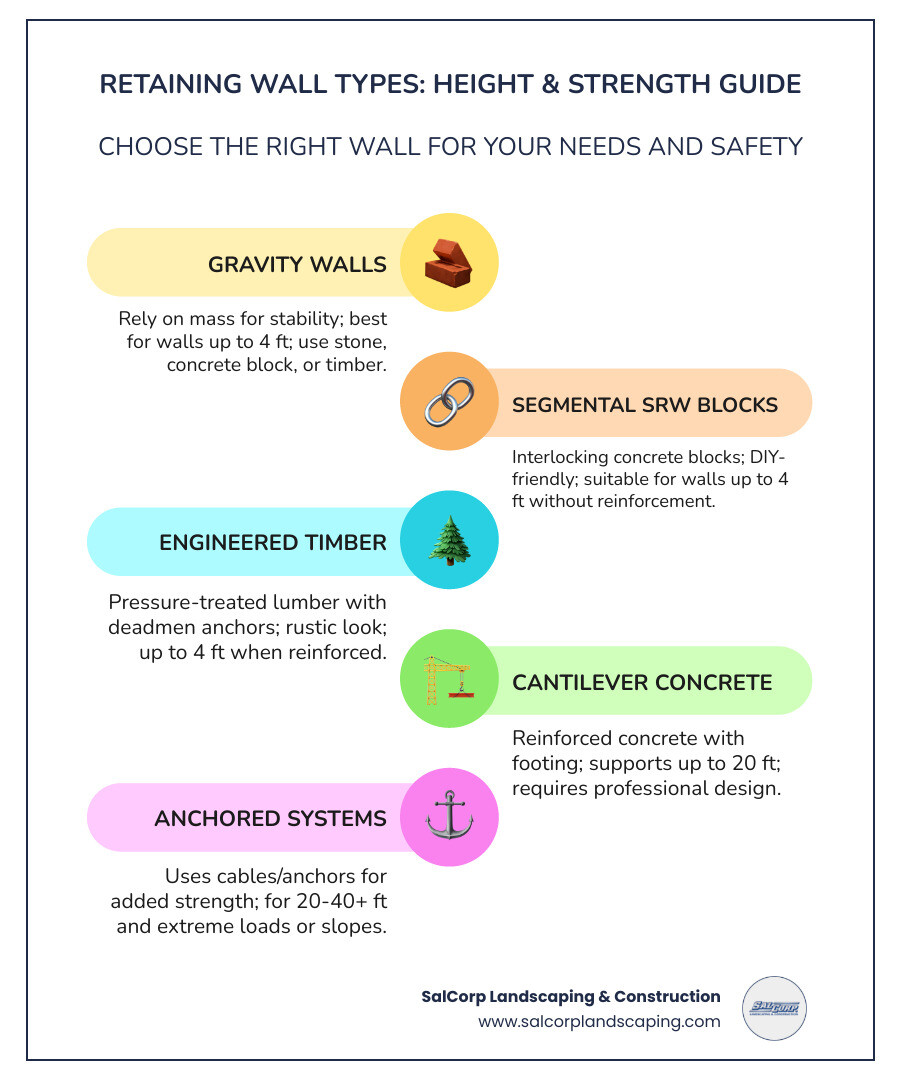 Detailed comparison chart showing maximum recommended heights for different retaining wall types: gravity walls up to 4 feet, cantilever walls up to 20 feet, anchored walls up to 40+ feet, with corresponding soil pressure ratings and engineering requirements - builder retaining wall infographic infographic-line-5-steps-colors