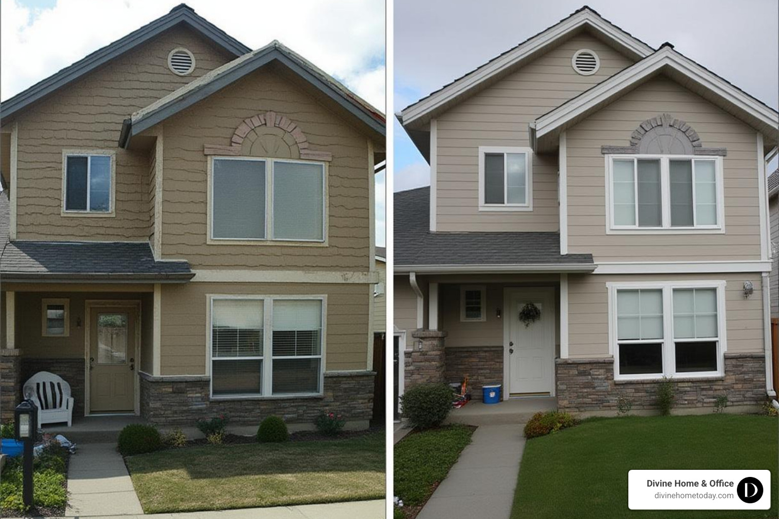 Before and after exterior renovation showing modern siding and energy-efficient windows - Englewood home improvement