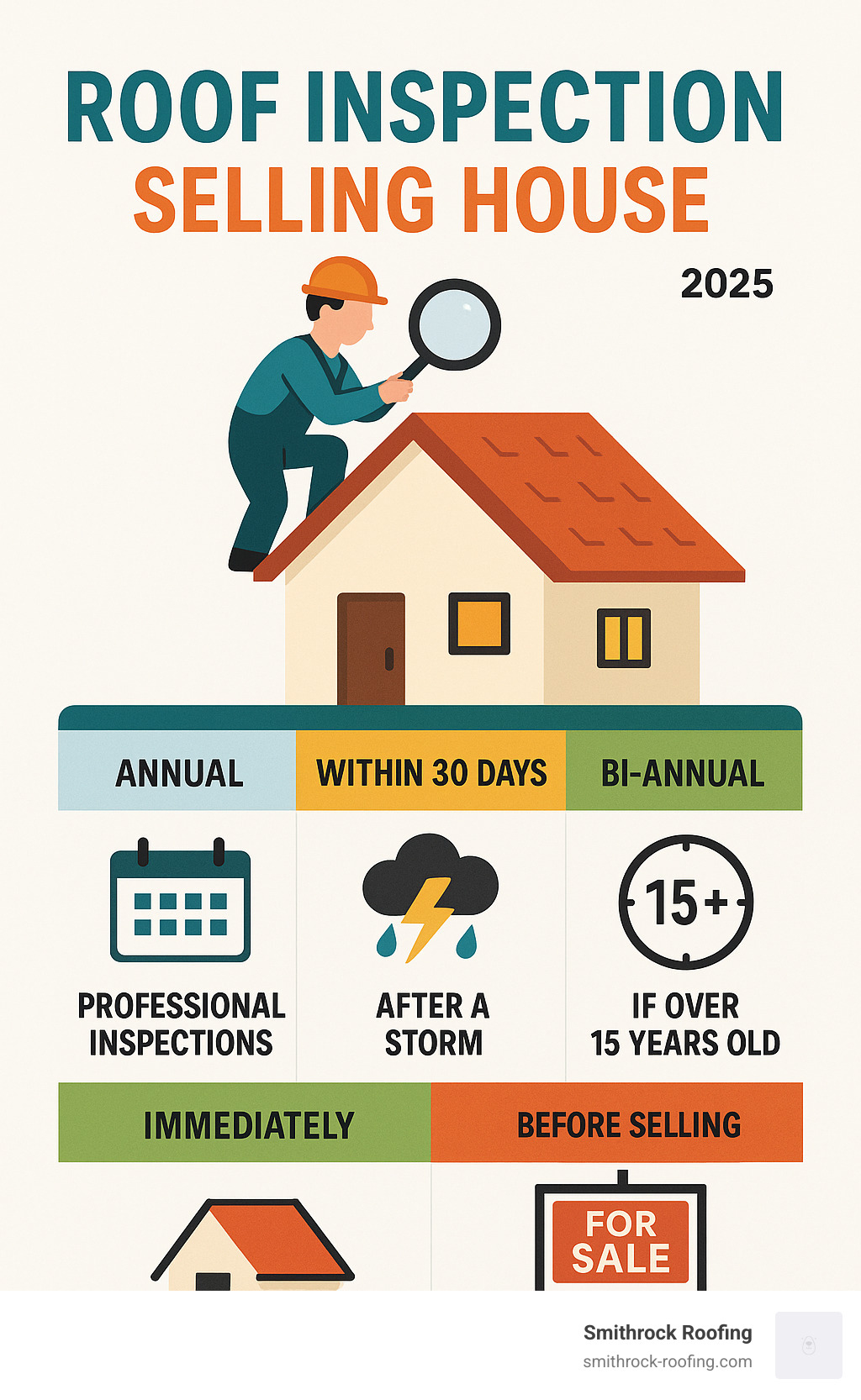 Infographic showing recommended roof inspection frequency: Annual professional inspections, post-storm checks within 30 days, bi-annual inspections for roofs over 15 years old, and immediate inspection before selling - roof inspection selling house infographic Infographic showing recommended roof inspection frequency: Annual professional inspections, post-storm checks within 30 days, bi-annual inspections for roofs over 15 years old, and immediate inspection before selling - roof inspection selling house infographic