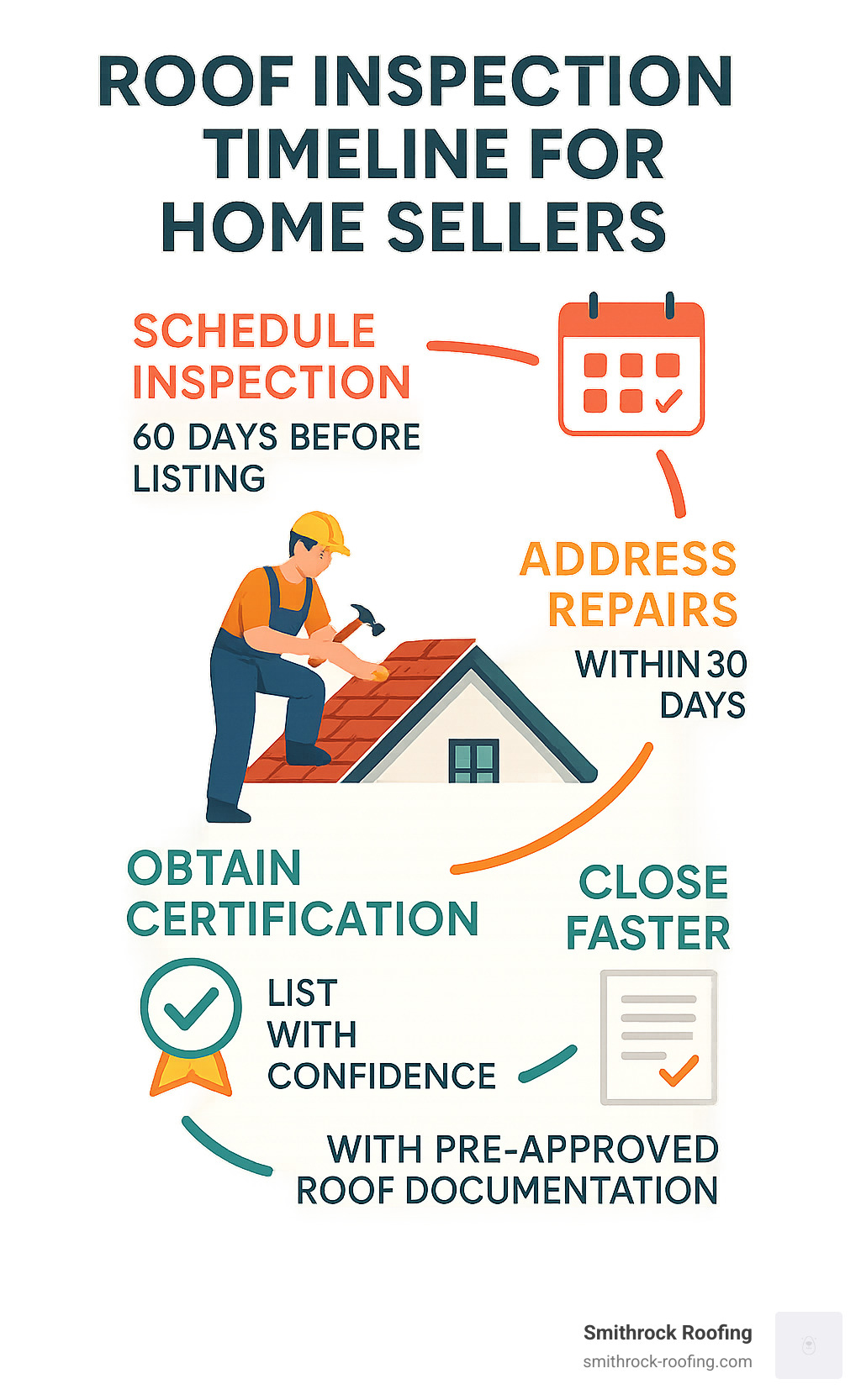 Infographic showing roof inspection timeline for home sellers: Schedule inspection 60 days before listing, address repairs within 30 days, obtain certification, list with confidence, and close faster with pre-approved roof documentation - roof inspection selling house infographic Infographic showing roof inspection timeline for home sellers: Schedule inspection 60 days before listing, address repairs within 30 days, obtain certification, list with confidence, and close faster with pre-approved roof documentation - roof inspection selling house infographic