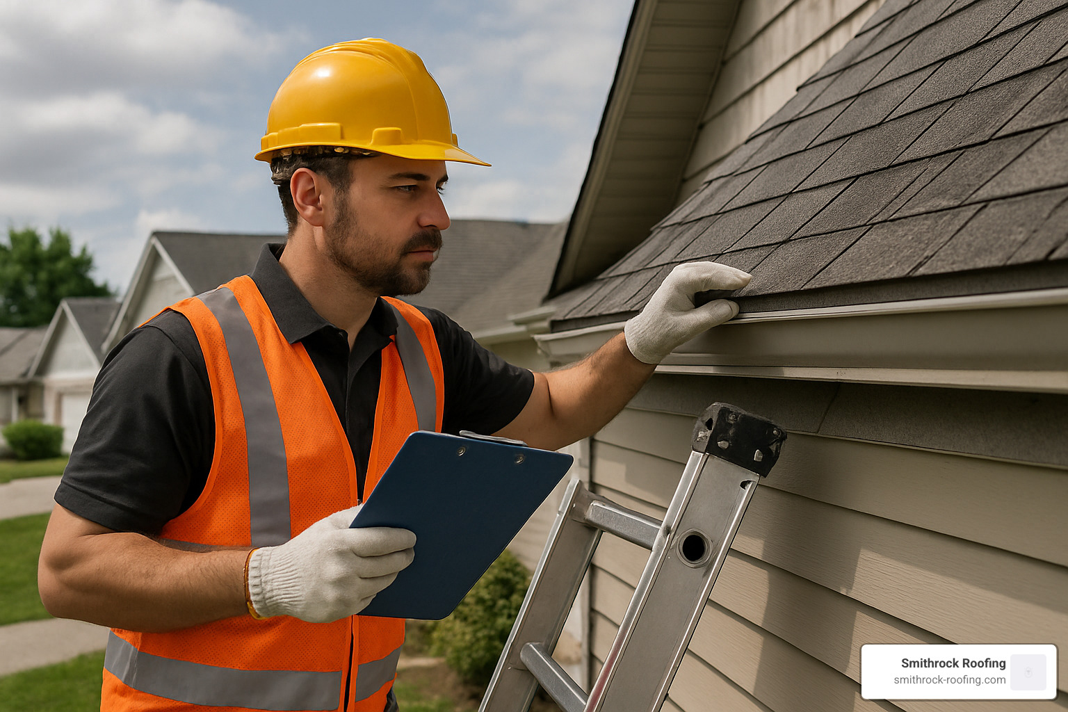 Professional inspector on ladder examining roof condition - roof inspection selling house Professional inspector on ladder examining roof condition - roof inspection selling house
