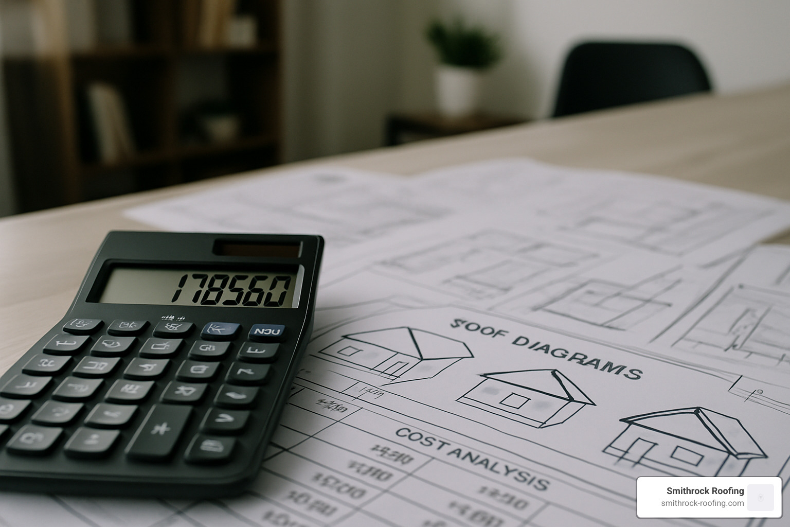 Calculator and construction blueprints showing roof inspection cost analysis - roof inspection selling house Calculator and construction blueprints showing roof inspection cost analysis - roof inspection selling house