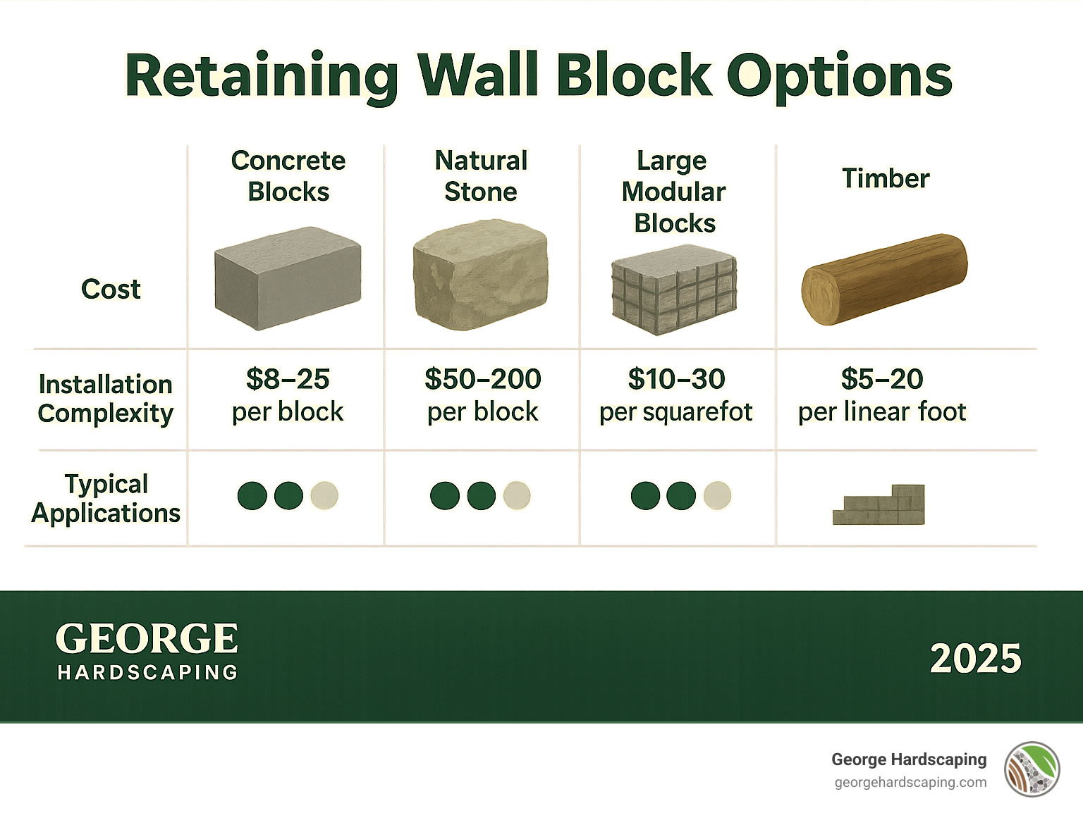 Infographic showing retaining wall block comparison chart with concrete blocks at $8-25 per block, natural stone at $15-75 per block, large modular blocks at $50-200 per block, gabion systems at $10-30 per square foot, and timber options at $5-20 per linear foot, including installation complexity ratings and typical applications for each type - retaining wall block options infographic