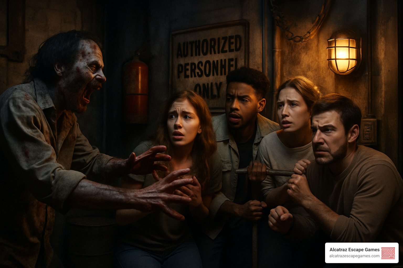 zombie actor lunging at players - zombie escape room game