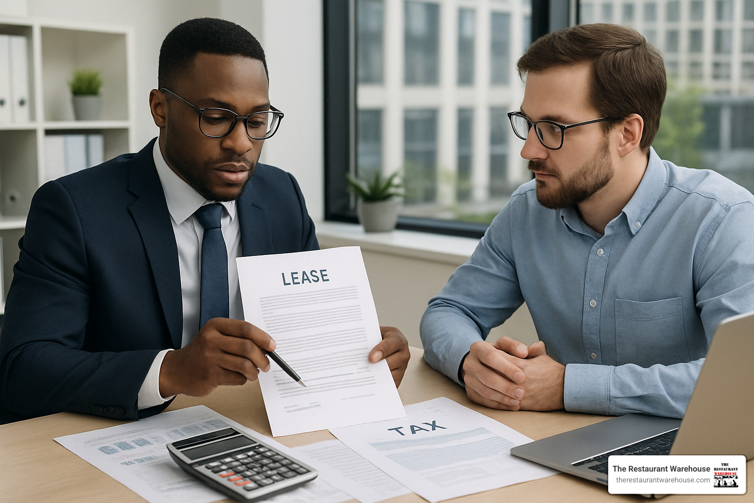 Professional accountant reviewing lease documents and tax implications - catering equipment lease to buy
