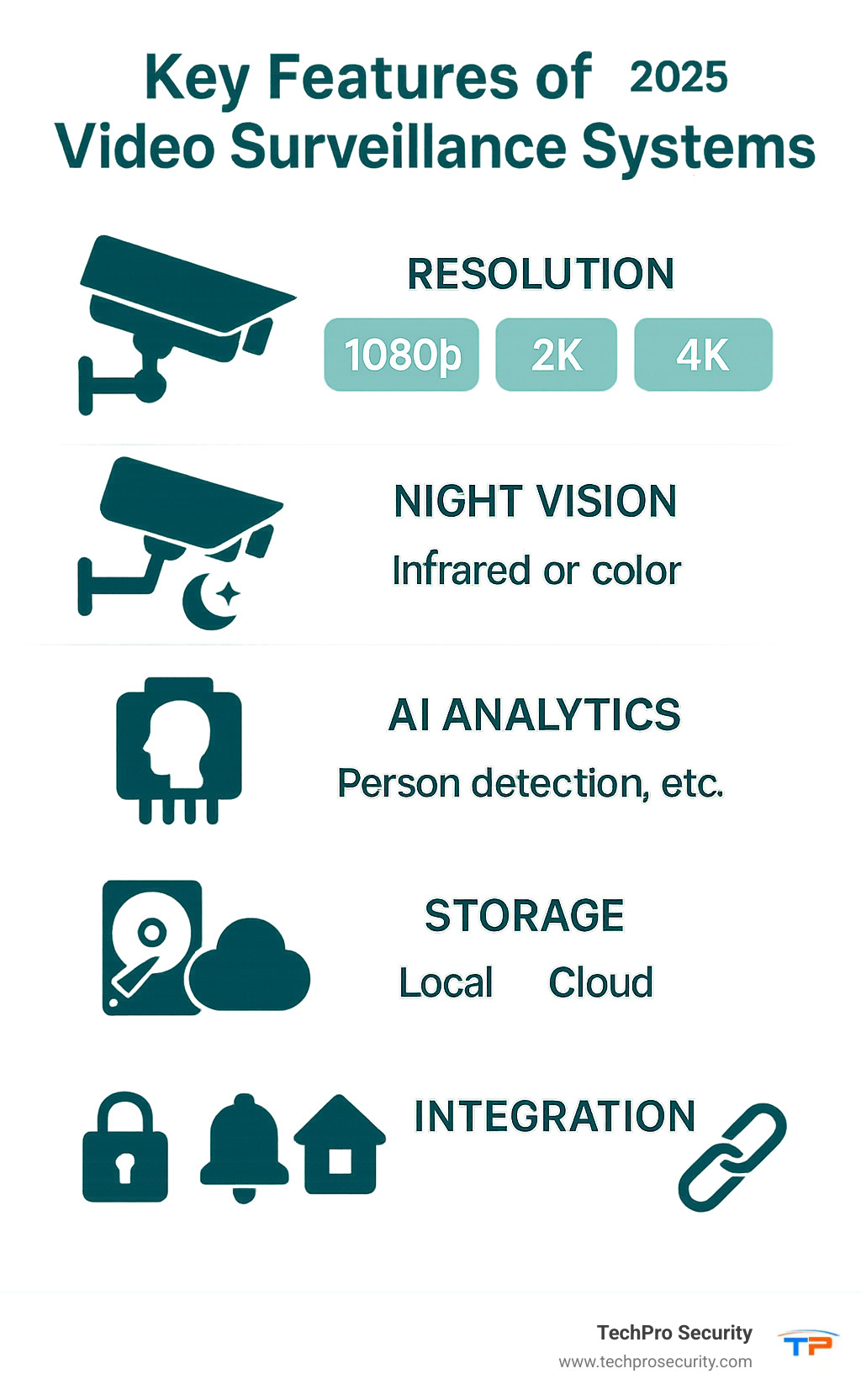 infographic showing key features comparison of video surveillance systems including resolution options, night vision capabilities, AI analytics, storage types, and integration possibilities - video surveillance systems infographic 