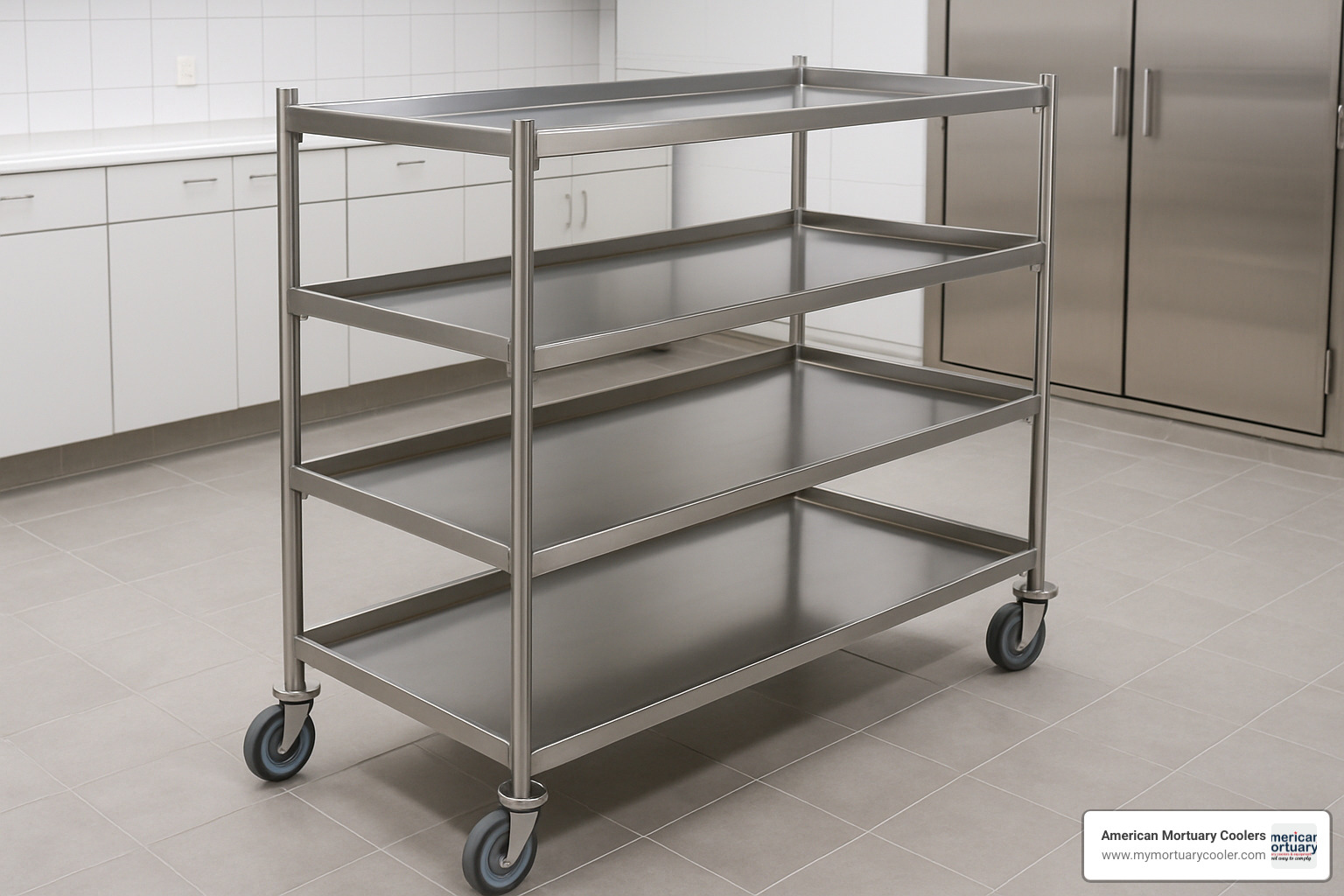 portable cadaver storage rack with multiple tiers in stainless steel construction - cadaver-storage-racks-