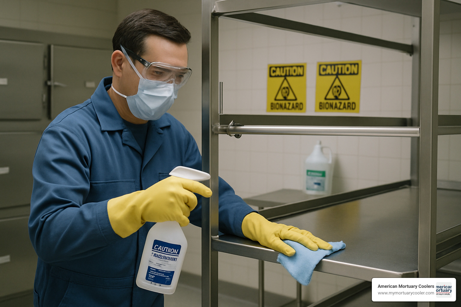maintenance technician cleaning cadaver storage rack with proper PPE and cleaning solutions - cadaver-storage-racks-
