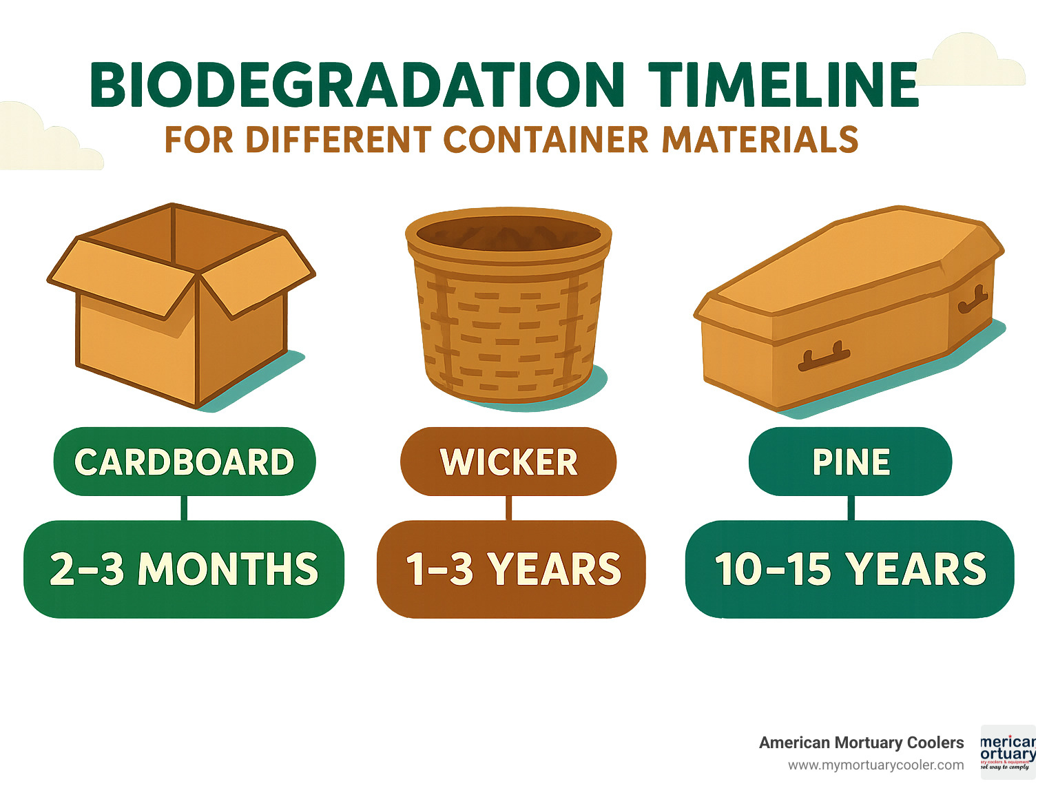 Infographic showing biodegradation timeline for different container materials - alternative container cremation infographic 