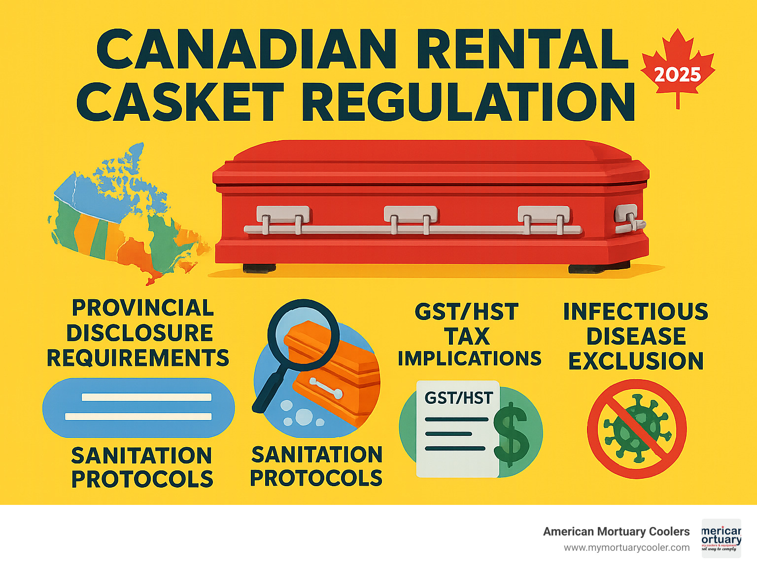 Canadian rental casket regulations infographic showing provincial disclosure requirements, sanitation protocols, GST/HST tax implications, and infectious disease exclusion policies - rent a casket infographic 